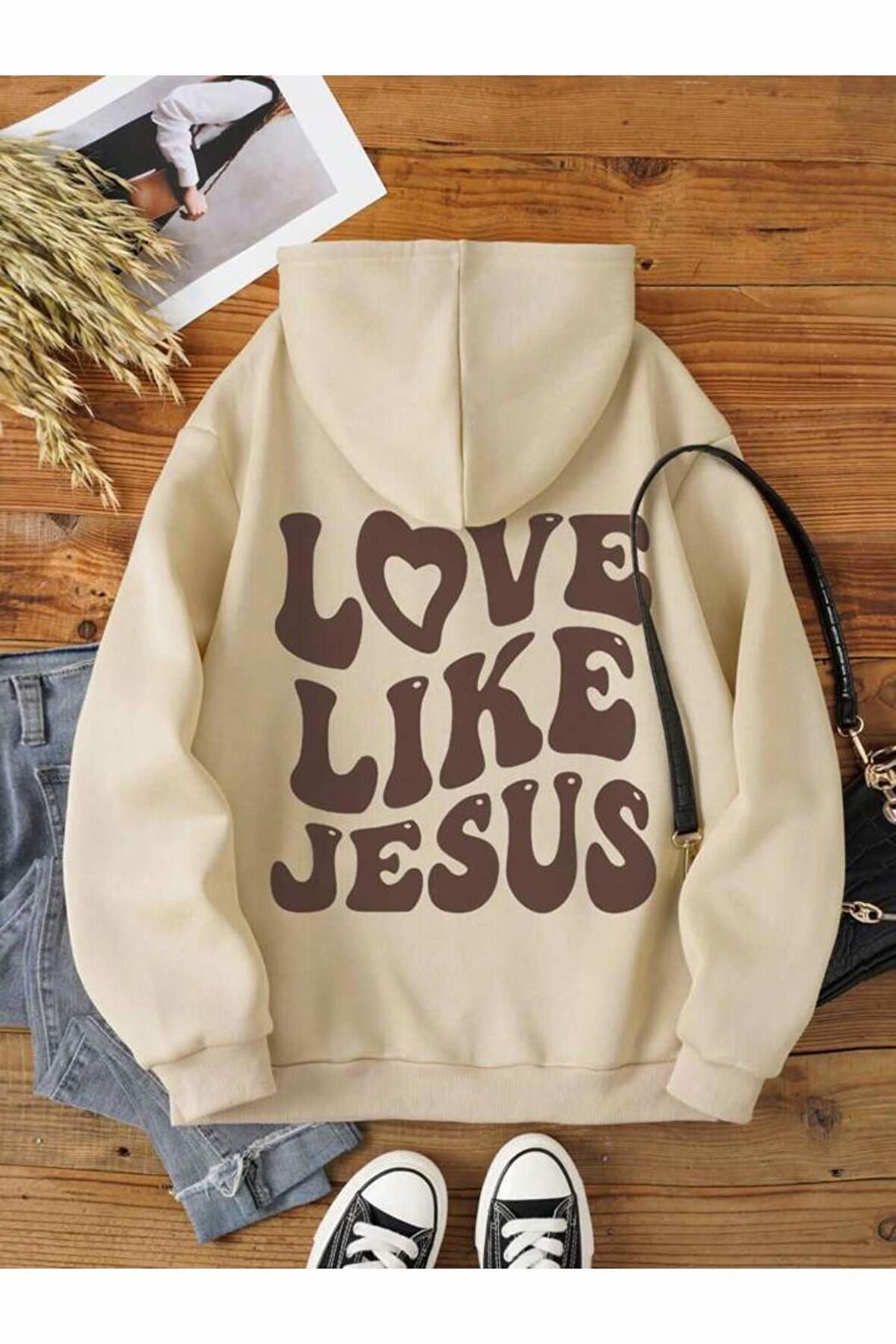 Unisex Love Like Jesus Baskılı Kapüşonlu Krem Sweatshirt