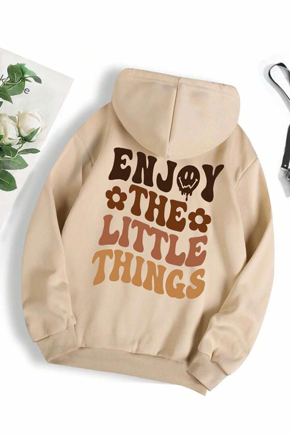 Unisex Enjoy The Little Things Baskılı Kapüşonlu Krem Sweatshirt