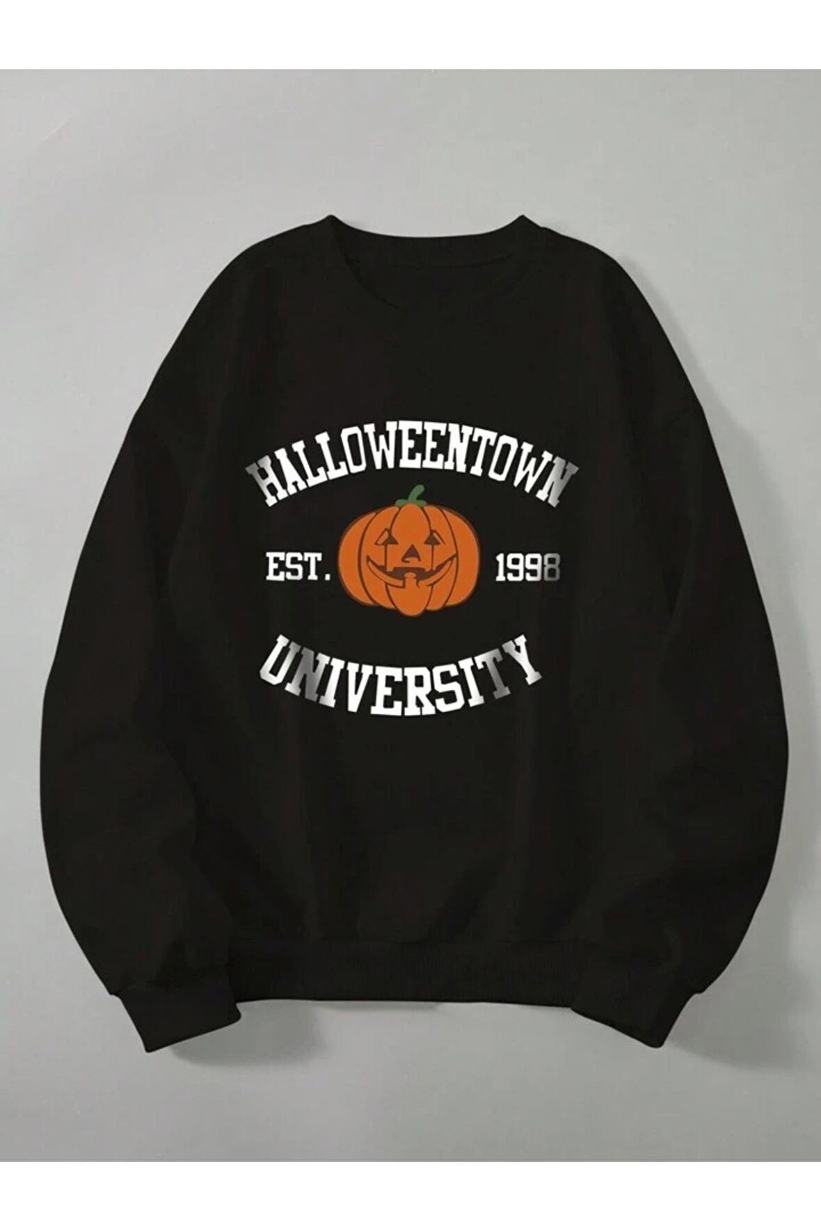 Unisex Halloween Baskılı Siyah Bisiklet Yaka Sweatshirt