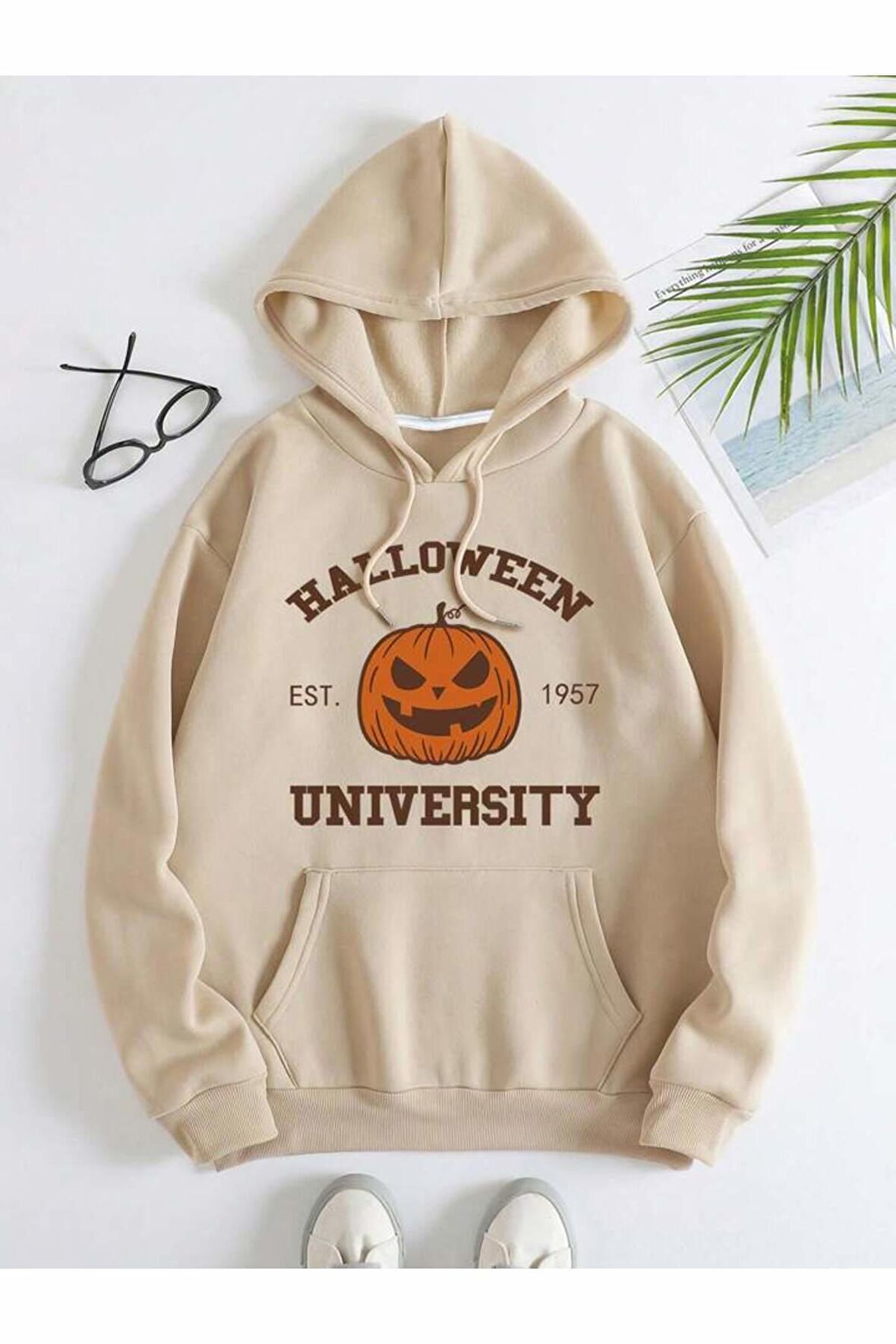 Unisex Halloween Baskılı Kapüşonlu Krem Sweatshirt