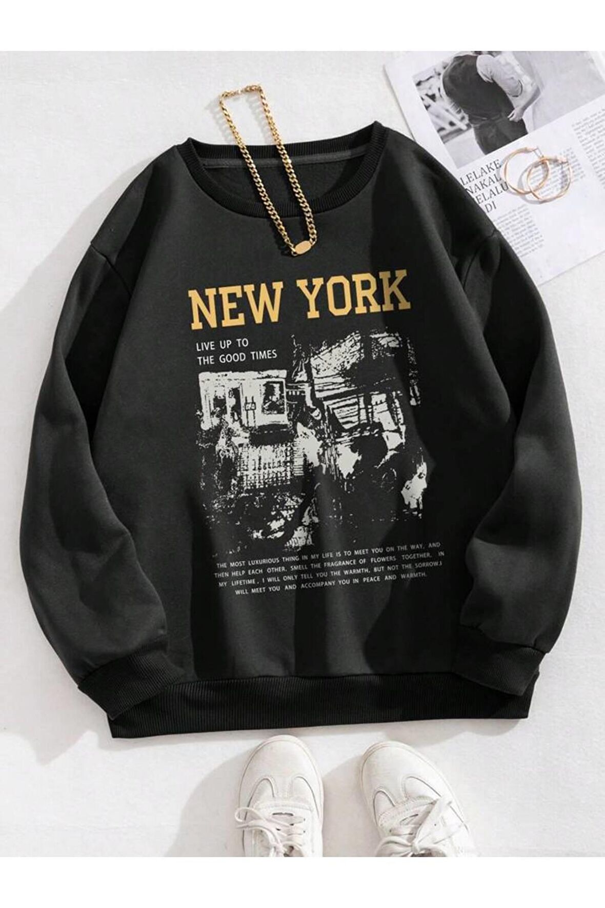 Unisex New York Baskılı Siyah Bisiklet Yaka Sweatshirt