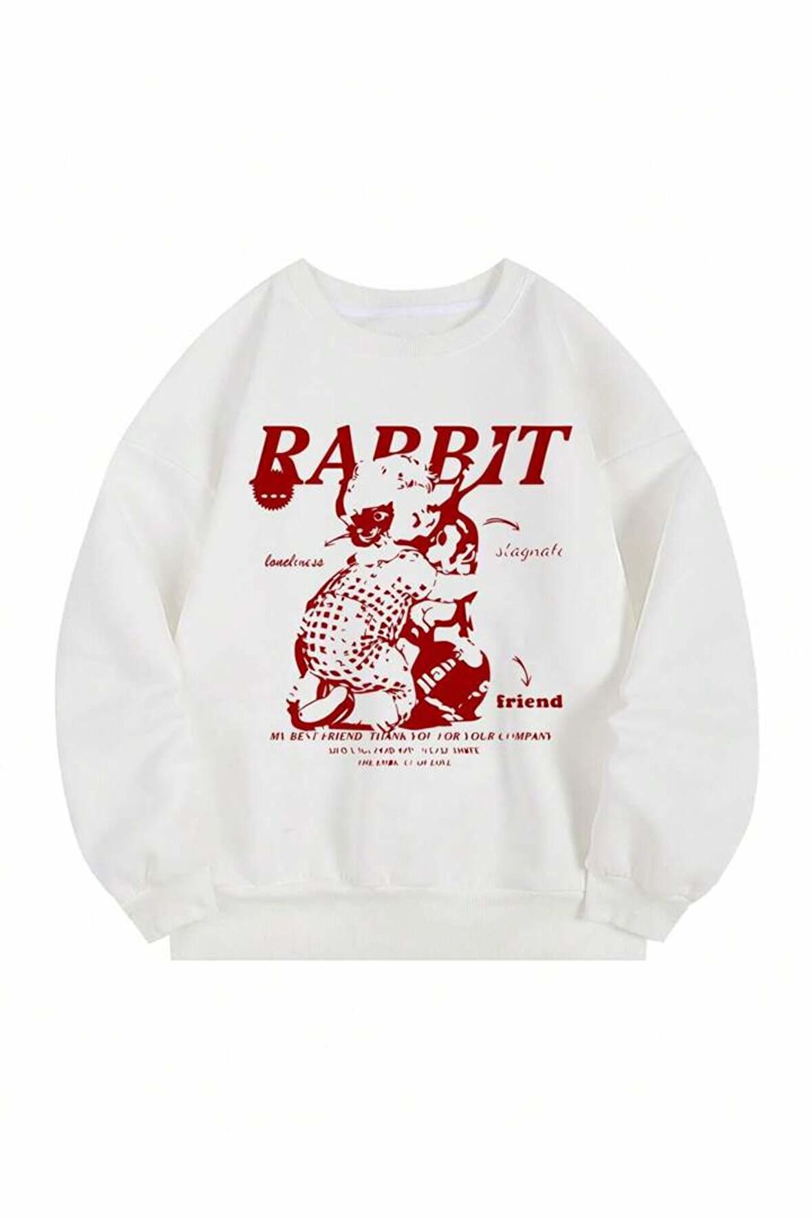 Unisex Rabbit Baskılı Beyaz Bisiklet Yaka Sweatshirt