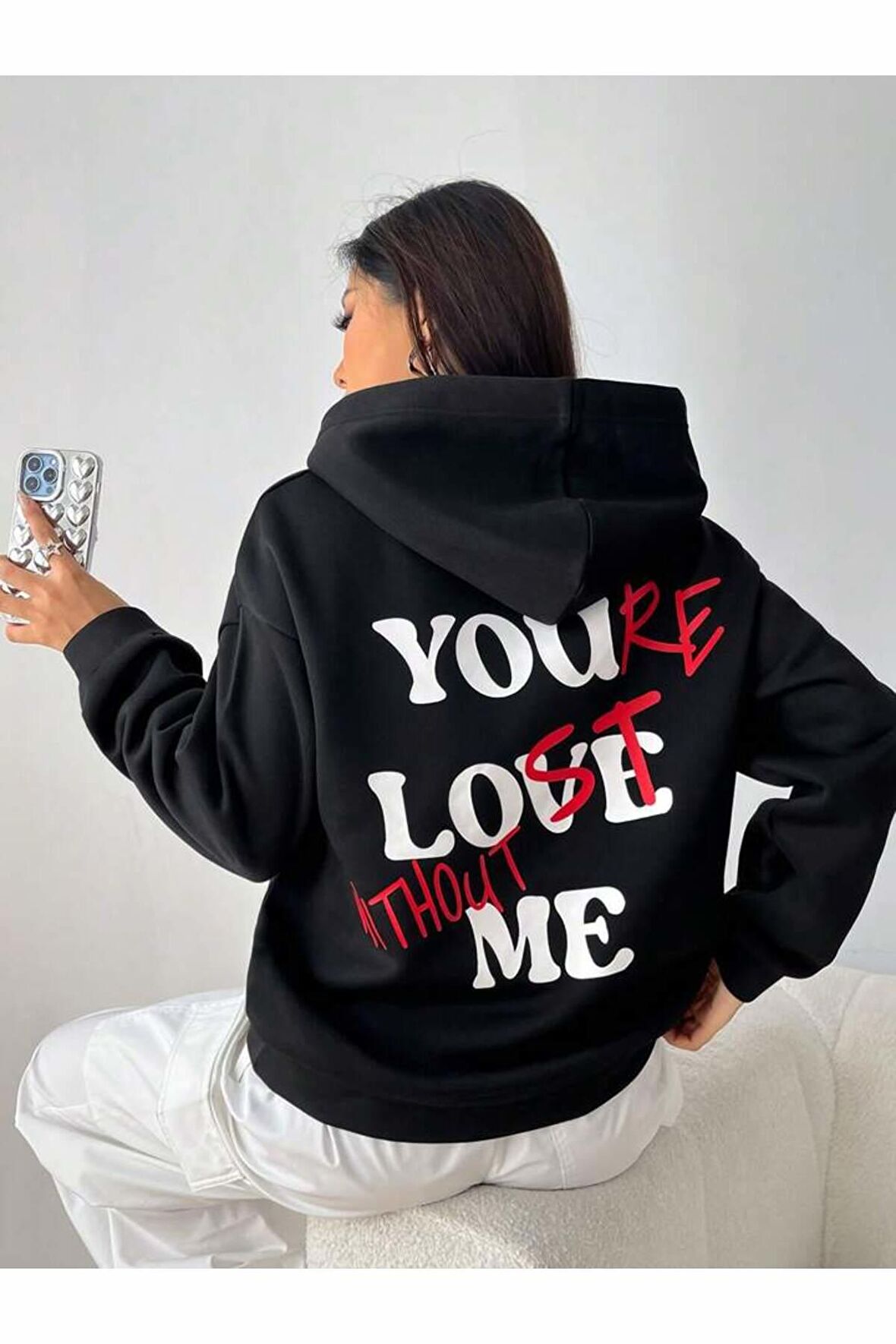 Unisex You Love Me Baskılı Kapüşonlu Siyah Sweatshirt