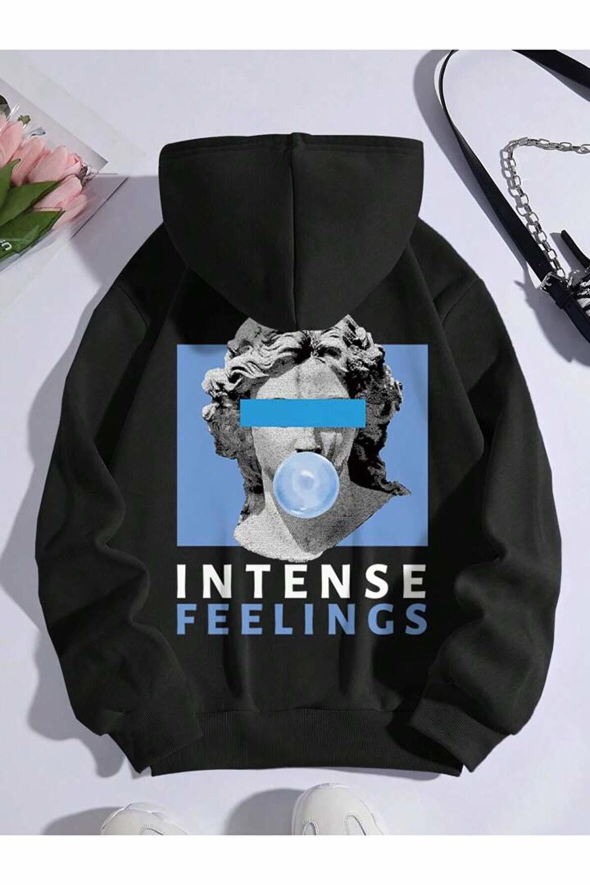 Unisex Intense Feelings Baskılı Kapüşonlu Siyah Sweatshirt