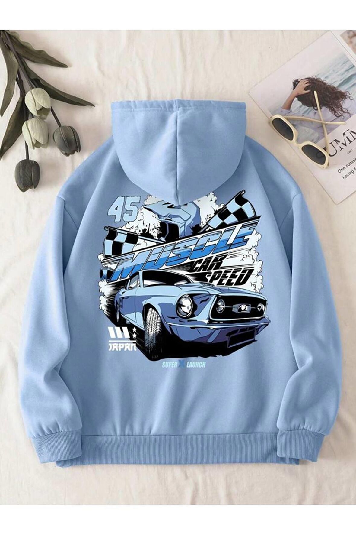 Unisex Muscle Car Speed Baskılı Kapüşonlu Bebek Mavisi Sweatshirt