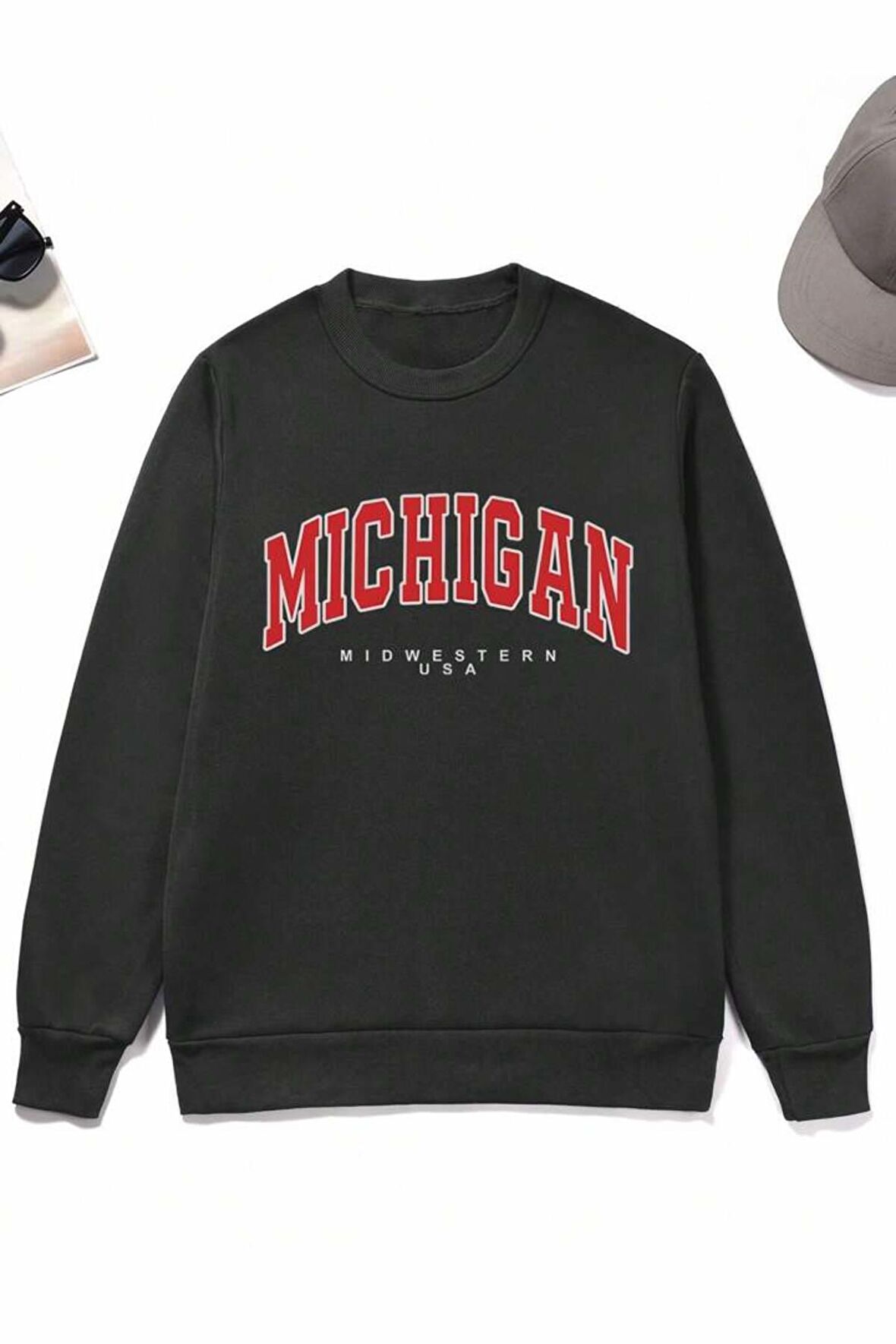 Unisex Michigan Baskılı Siyah Bisiklet Yaka Sweatshirt