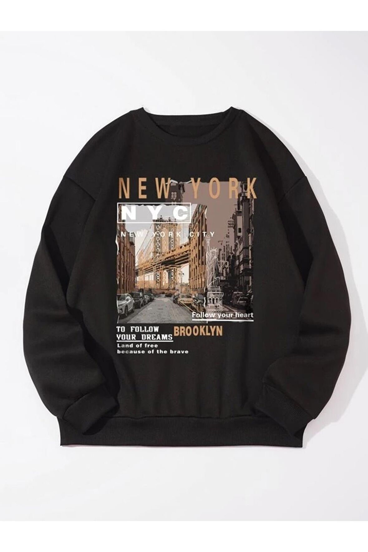 Unisex New York NYC Baskılı Siyah Bisiklet Yaka Sweatshirt