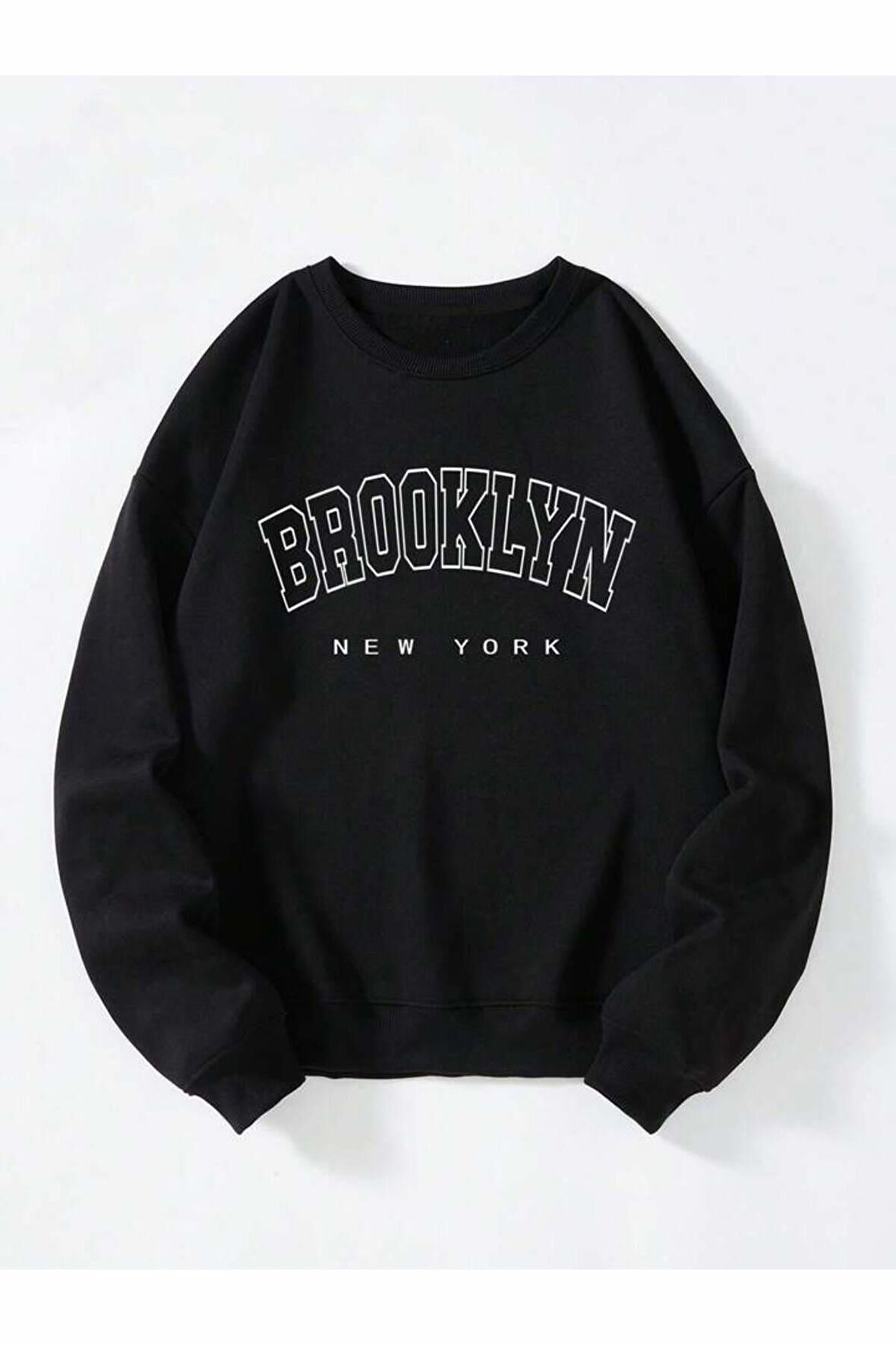 Unisex Brooklyn Baskılı Siyah Bisiklet Yaka Sweatshirt