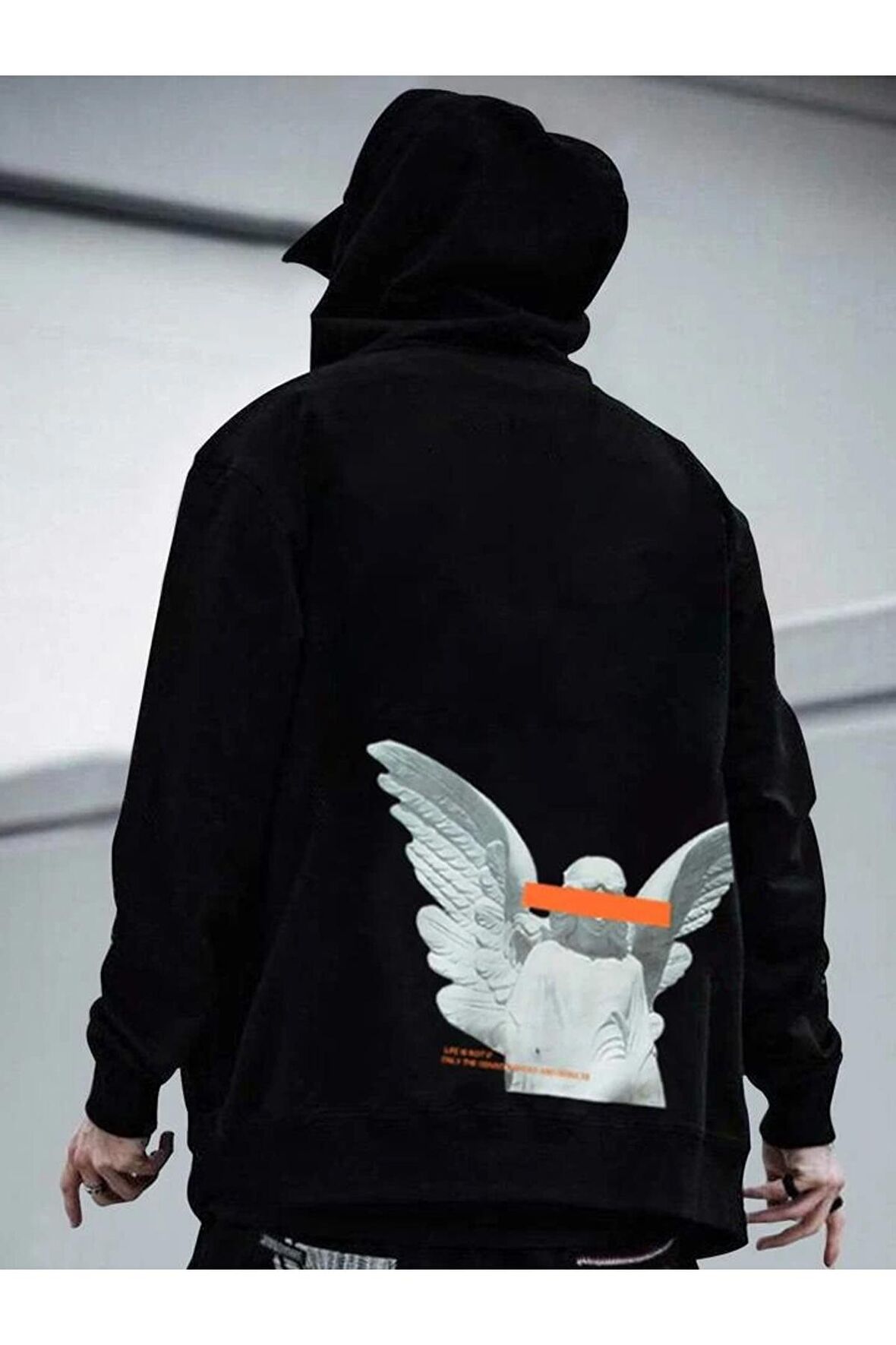 Unisex Melek Baskılı Kapüşonlu Siyah Sweatshirt