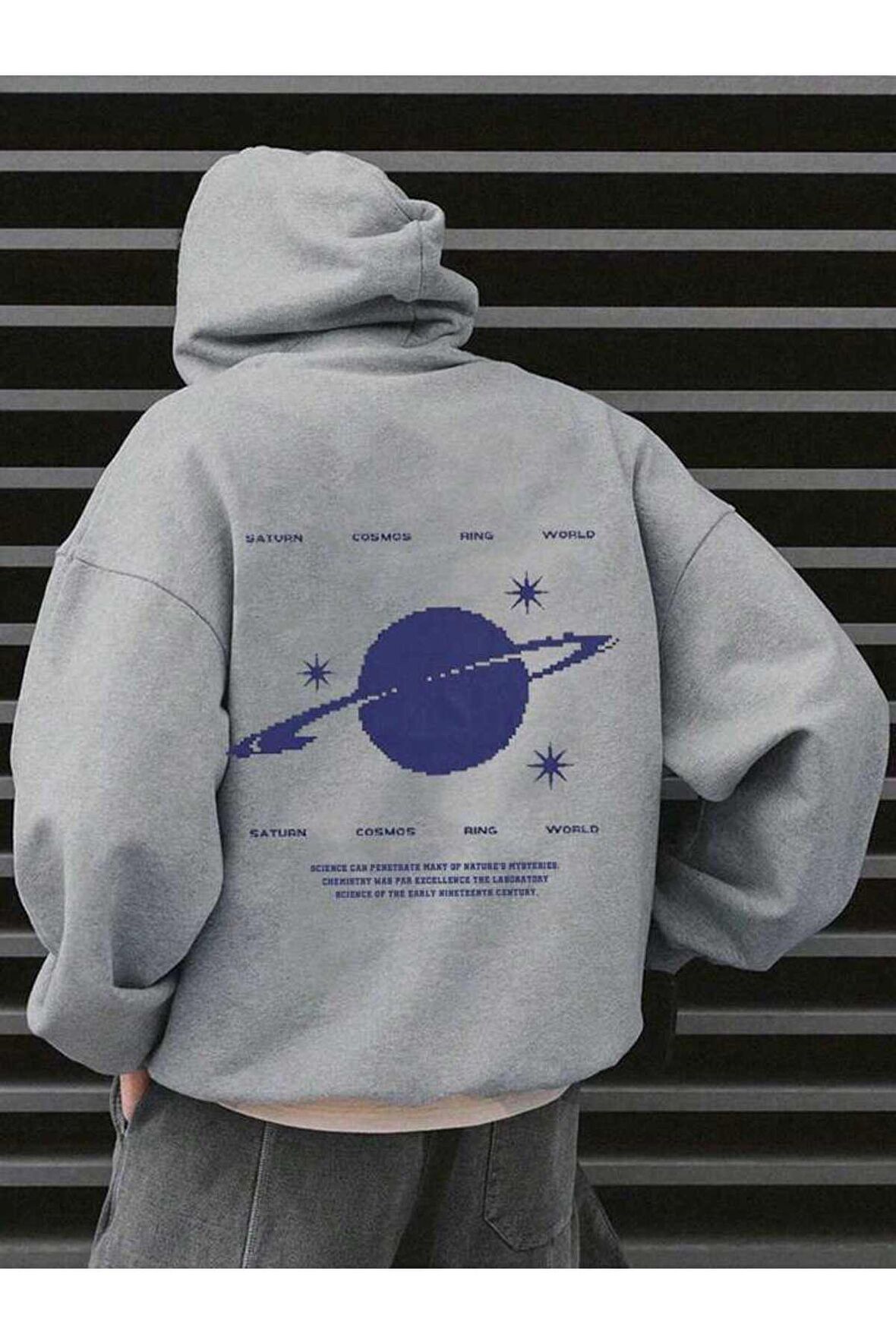 Unisex Satürn Baskılı Kapüşonlu Gri Sweatshirt