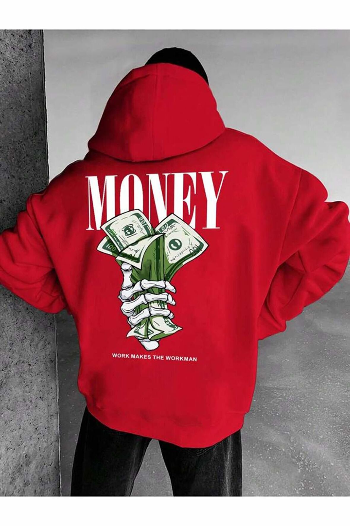 Unisex Money Baskılı Kapüşonlu Kırmızı Sweatshirt