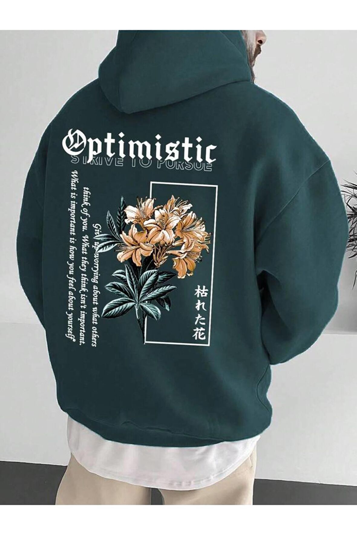 Unisex Optimistic Baskılı Kapüşonlu Yeşil Sweatshirt