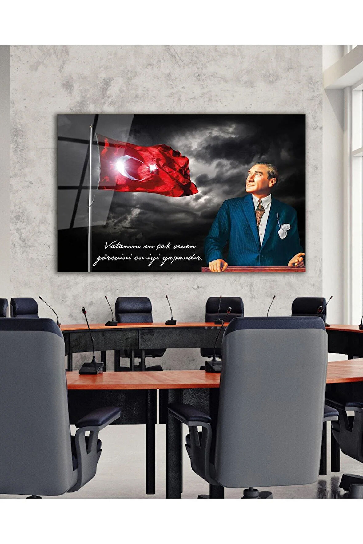 Türk Bayrağı ve Atatürk Cam Tablo Vatanını En Çok Seven Modern Ev Ofis Salon Kurum Hediyelik Tablo