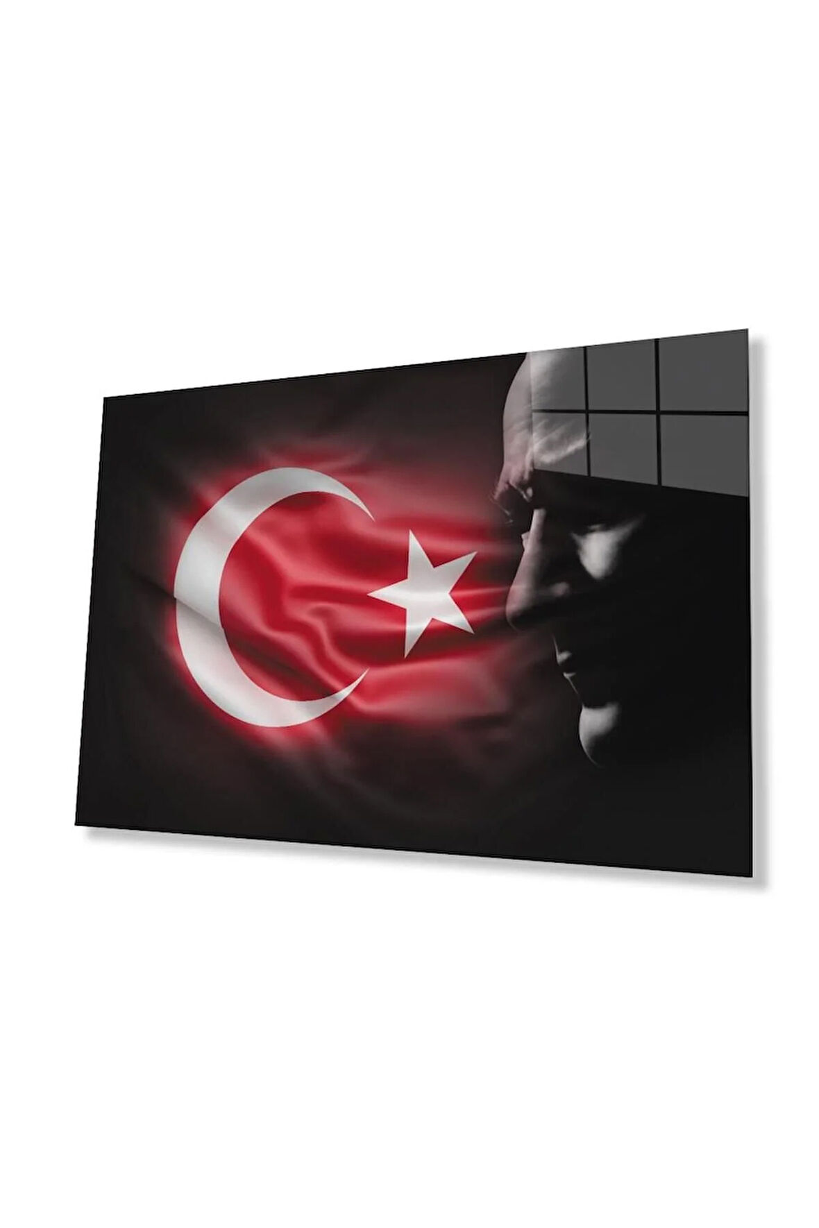 Atatürk Bayrak Atatürk Silüetli Gölgesiz Siyah Fonlu Cam Tablo 4mm Dayanıklı Temperli Cam Atatürk