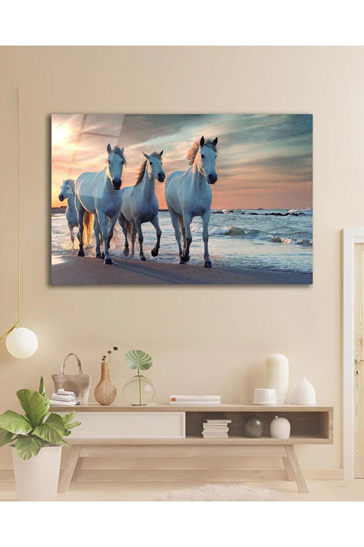 Atlar Deniz Cam Tablo İslami Dini Modern Ev Ofis Salon Hediyelik Büyük Tablo Duvar Dekoru