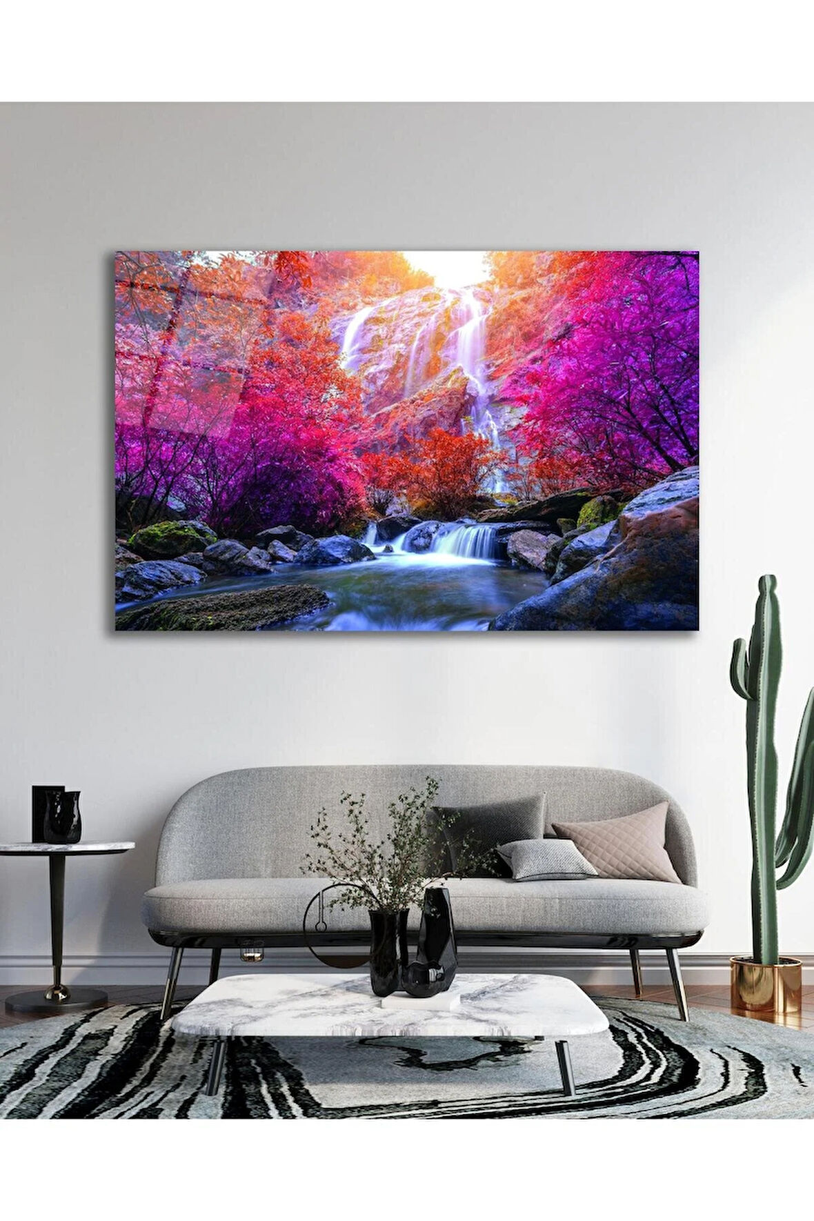 Şelale Ağaçlar Manzara Cam Tablo Modern Ev Ofis Salon Hediyelik Büyük Tablo Duvar Dekoru