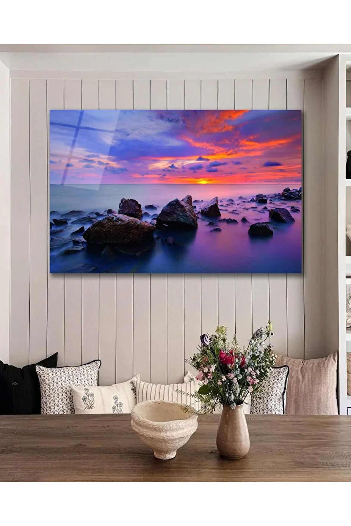 Gün Batımı Deniz Cam Tablo, Ev Ofis Salon Hediyelik Duvar Dekoru