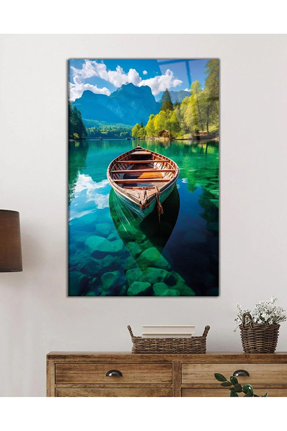 Kayık Manzara Cam Tablo Hediyelik Büyük Tablo Ev Ofis Dekoru