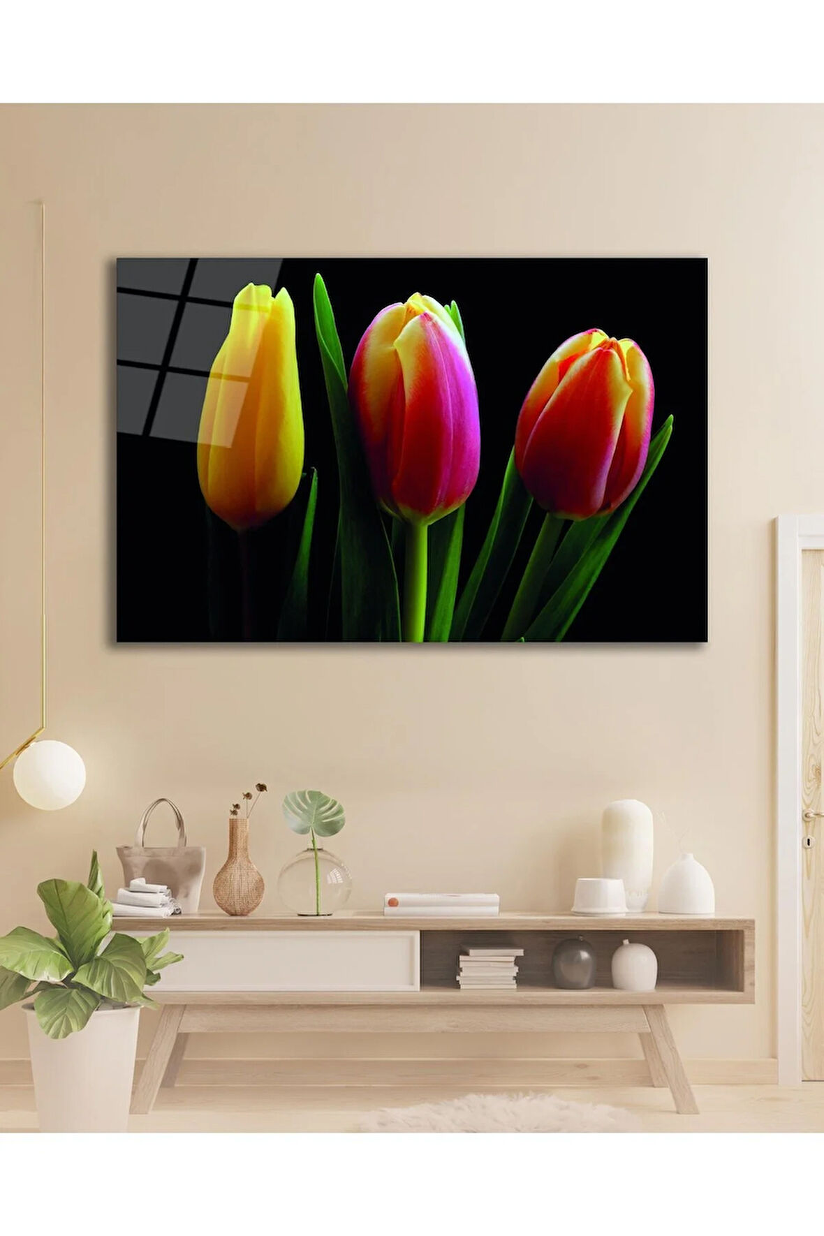 Lale Çiçeği Cam Tablo, Ev Ofis Salon Hediyelik Duvar Dekoru