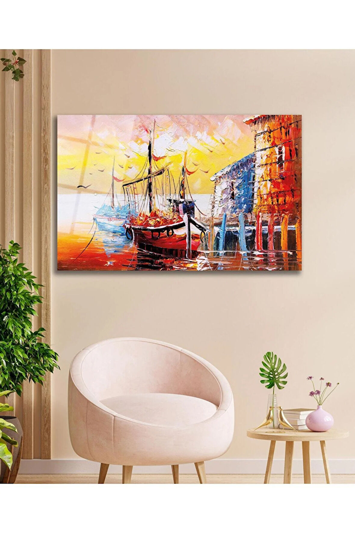 Soyut Manzara Deniz ve Gemi Cam Tablo , Ev Ofis Salon Hediyelik Duvar Dekoru