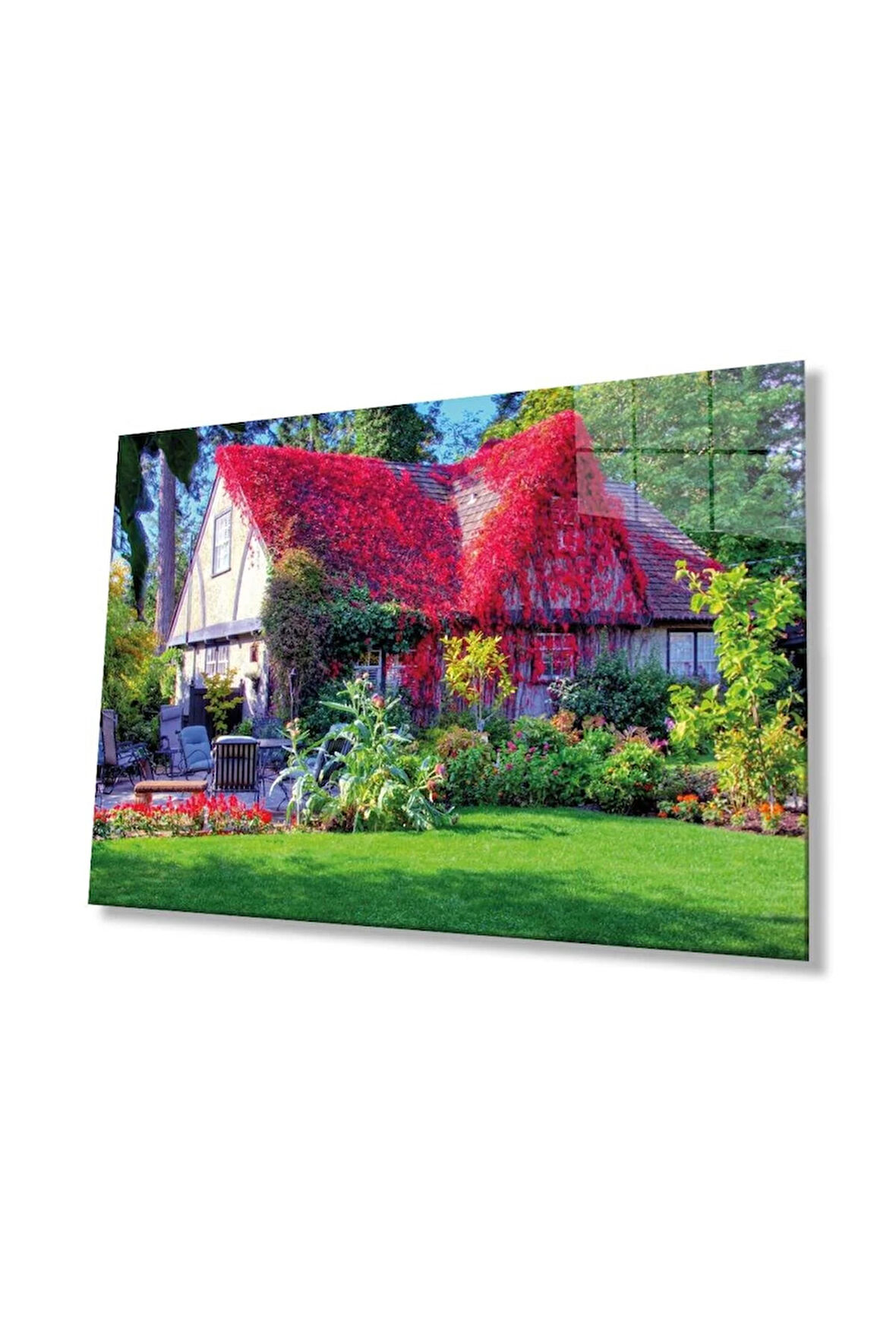 Mor Çiçekli Ev Cam Tablo 4mm Dayanıklı Temperli Cam, Purple Flowers House Glass Wall Decor