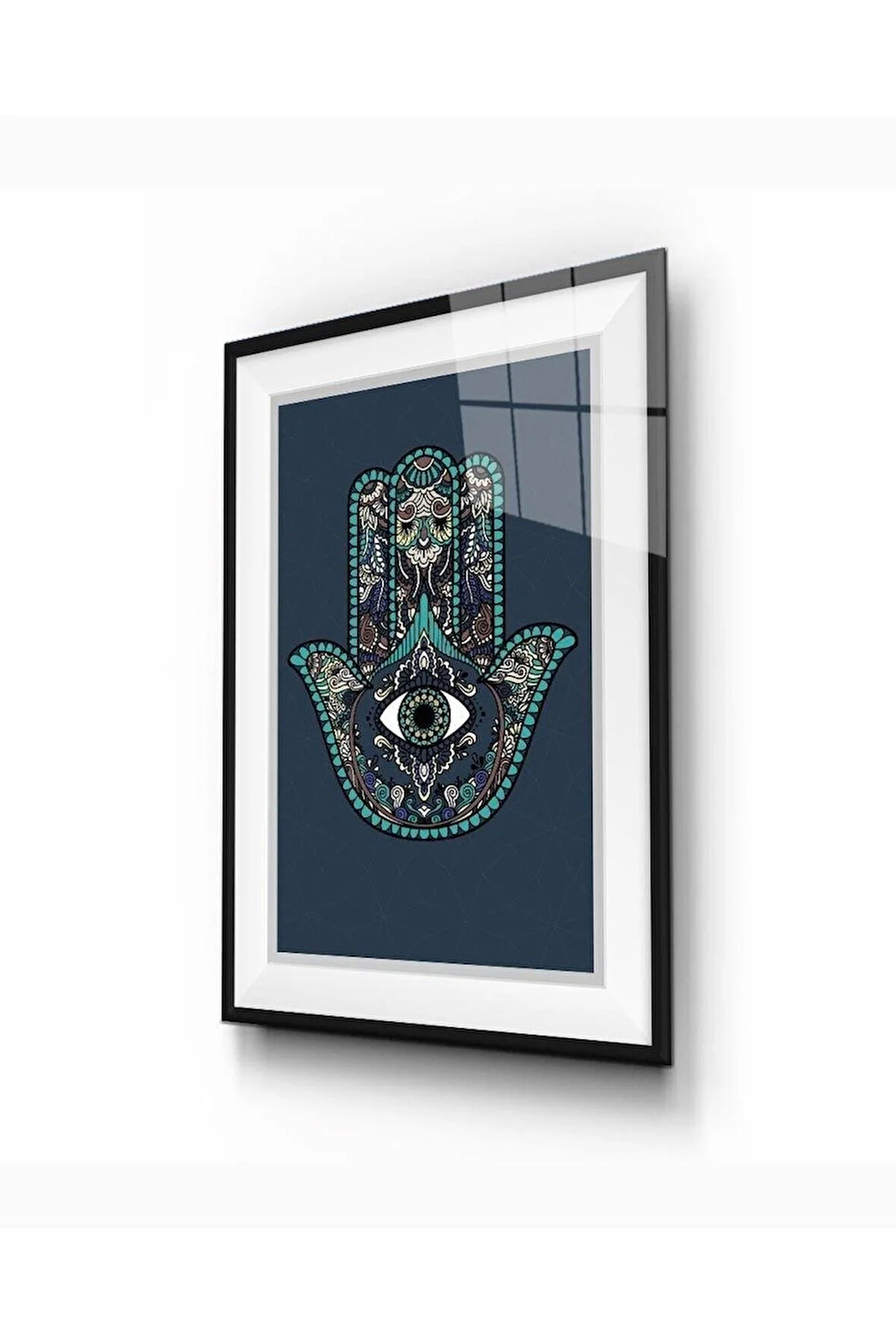 Mavi Renkli Çerçeve Efektli Fatma Ananın Eli Cam Tablo 4mm Dayanıklı Temperli Cam