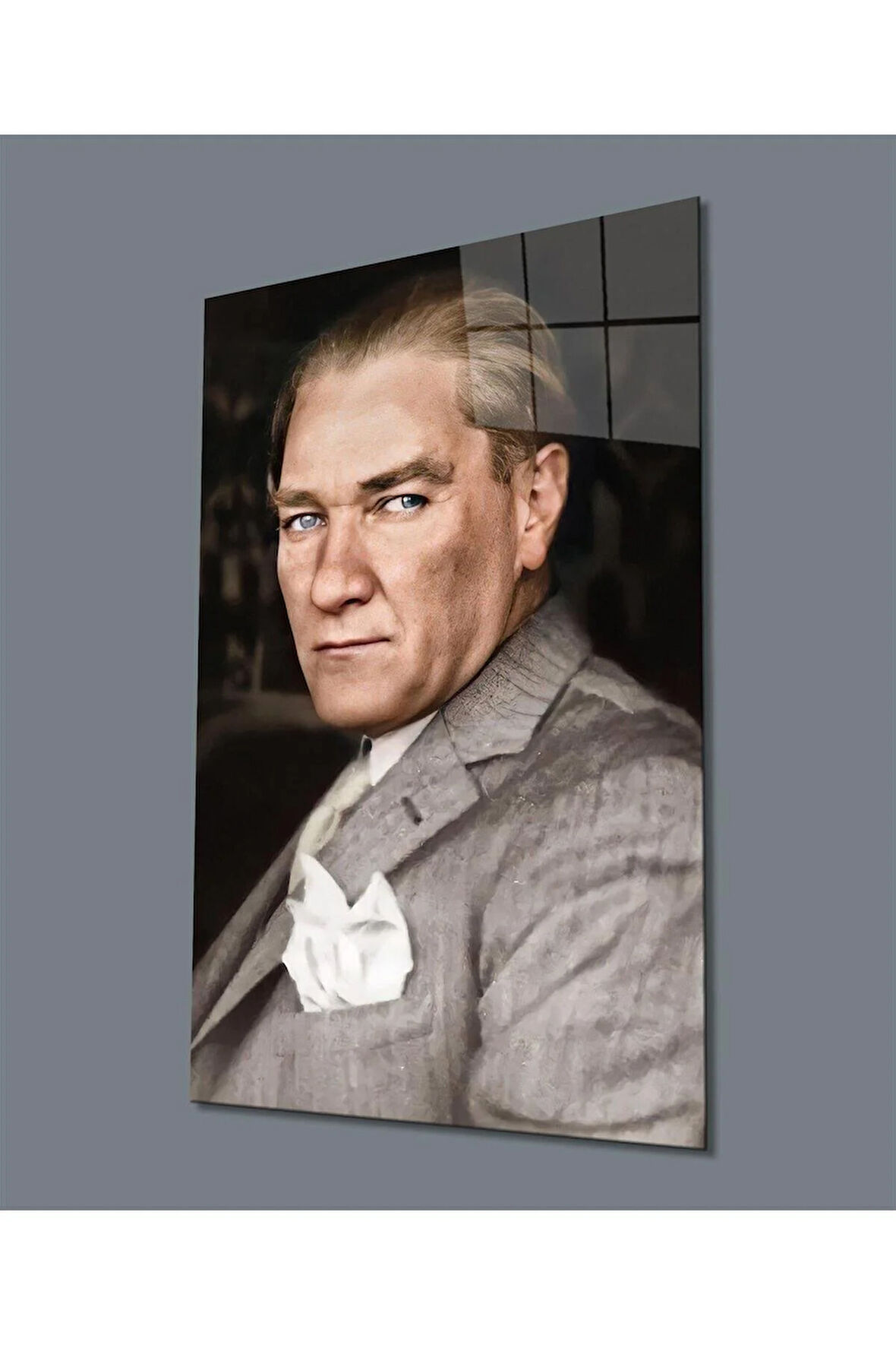 Atatürk Portre Dikey Cam Tablo Hediyelik Büyük Tablo Ev Ofis Dekoru