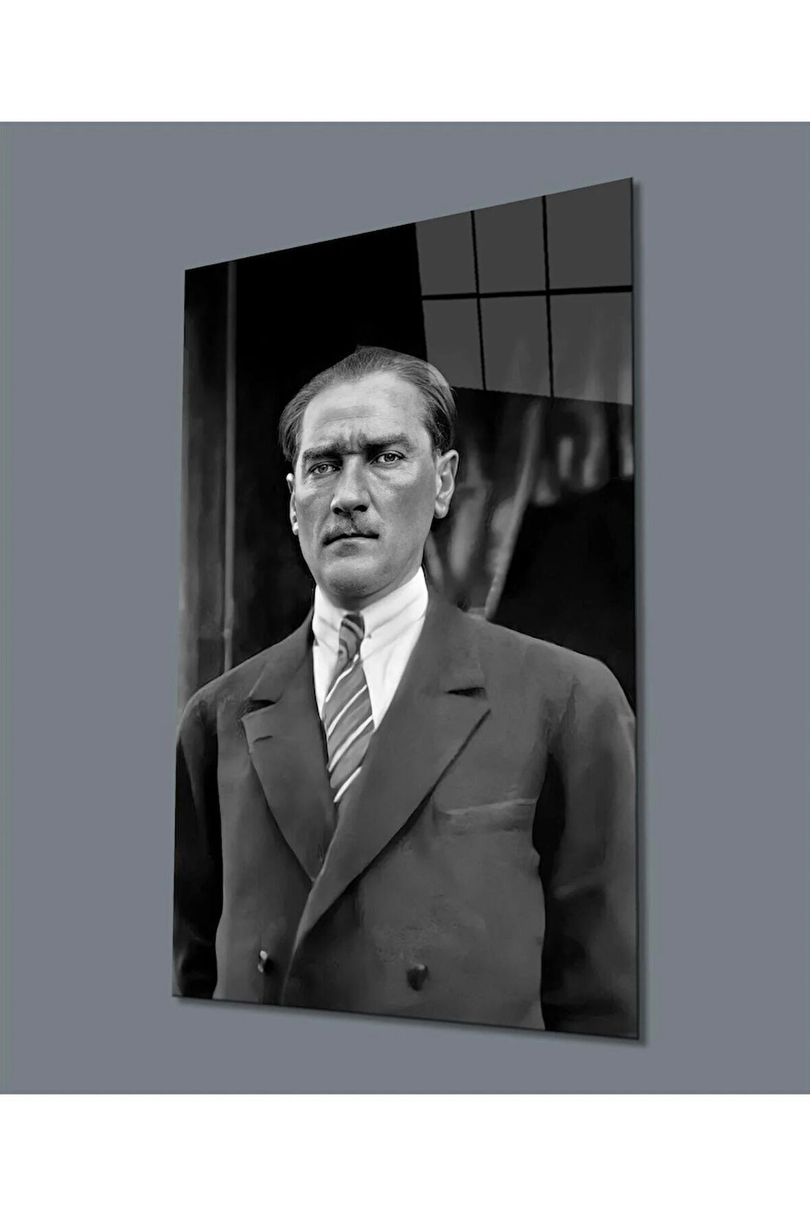 Atatürk Portre Siyah Beyaz Cam Tablo Hediyelik Büyük Tablo Ev Ofis Dekoru