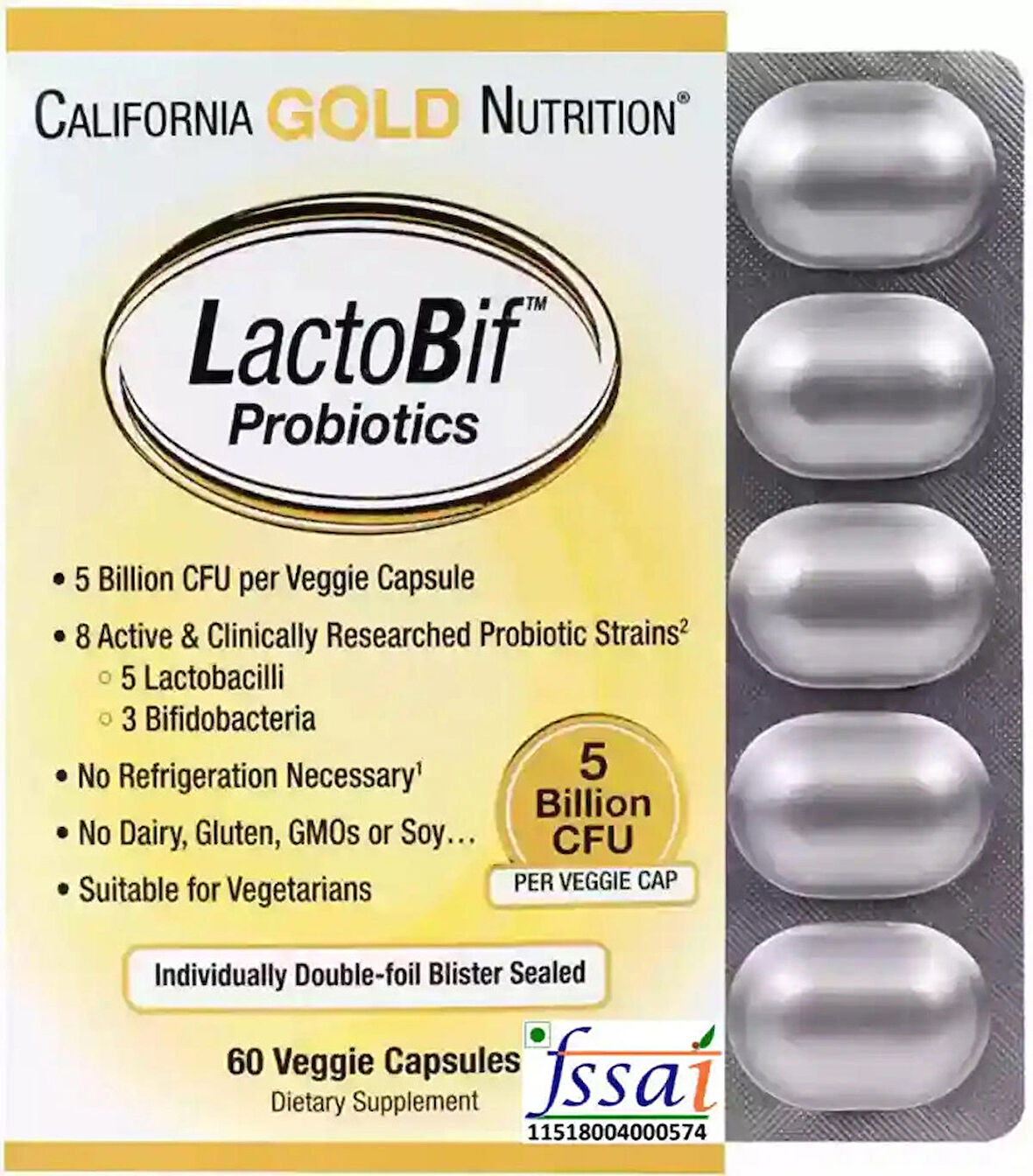 California Gold  LactoBif 5, Probiotics 5 Lactobacilli 3 Bifidobacteria, 5 Billion CFU 60 Vegan Caps