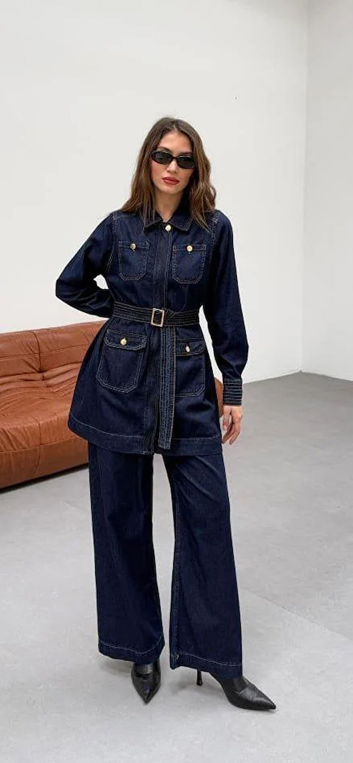 Premium Kalite Kemer ve Cep Detaylı Tasarım İkili  Denim Takım Pantolon Ceket İkili Kot Takım
