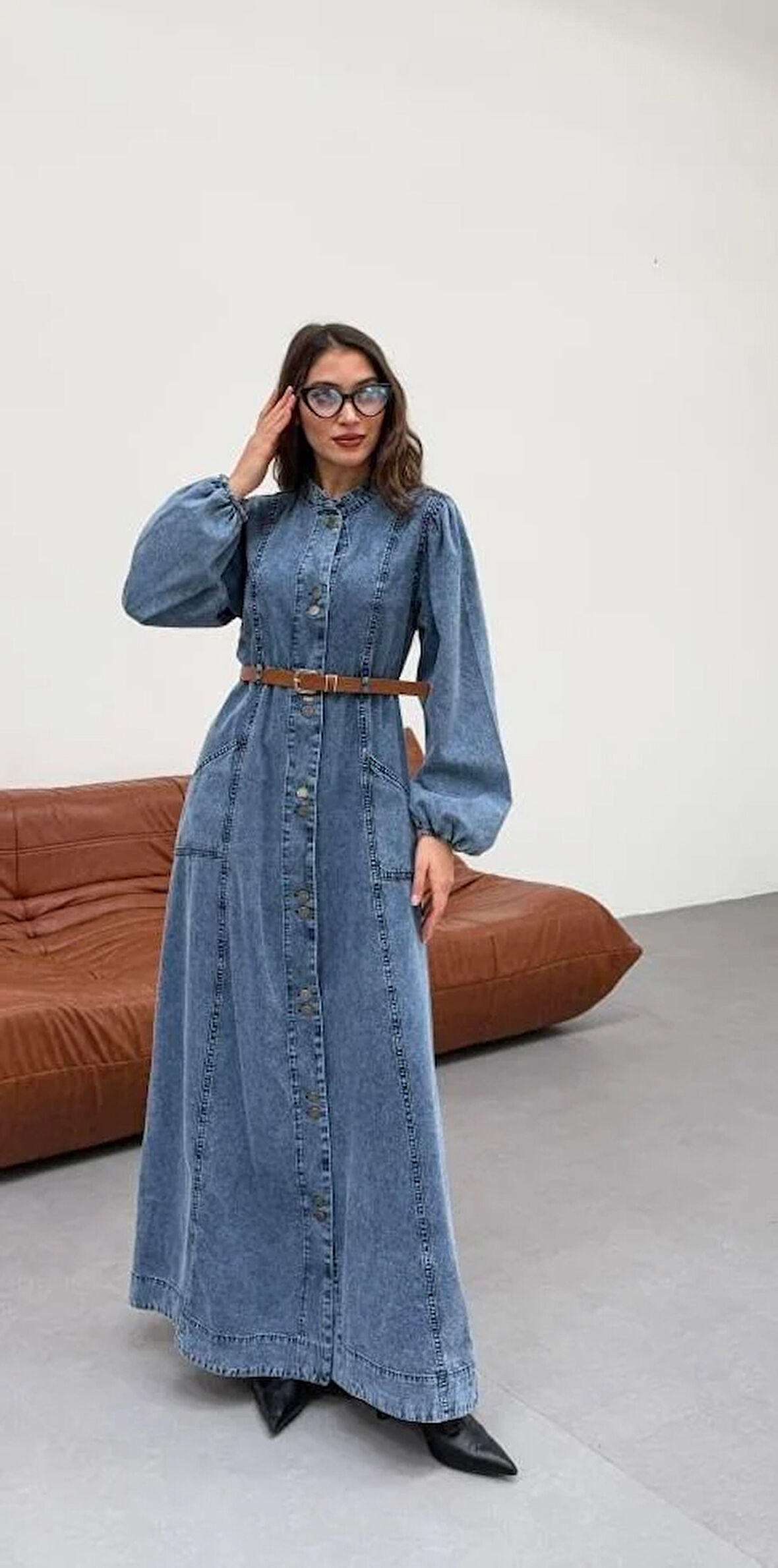 Premium Kalite Düğme ve Kemer Detaylı Denim Kot Elbise Tesettür Jean Elbise 148 cm