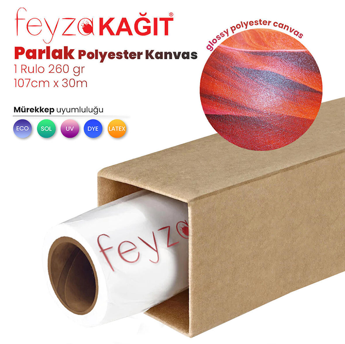 Feyza Kağıt® Polyester Glossy (Parlak) Kanvas 260 gr Dye  Tuval İç Mekan 107cm x 30 mt (1 Rulo)