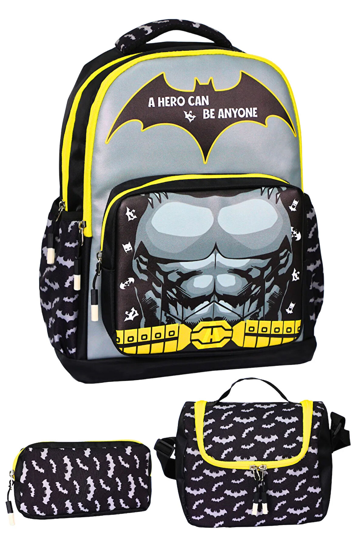 3’Lü İlkokul Sarı Baskılı, Erkek Çocuk Beslenmeli Ve Kalemlikli Okul Çantası