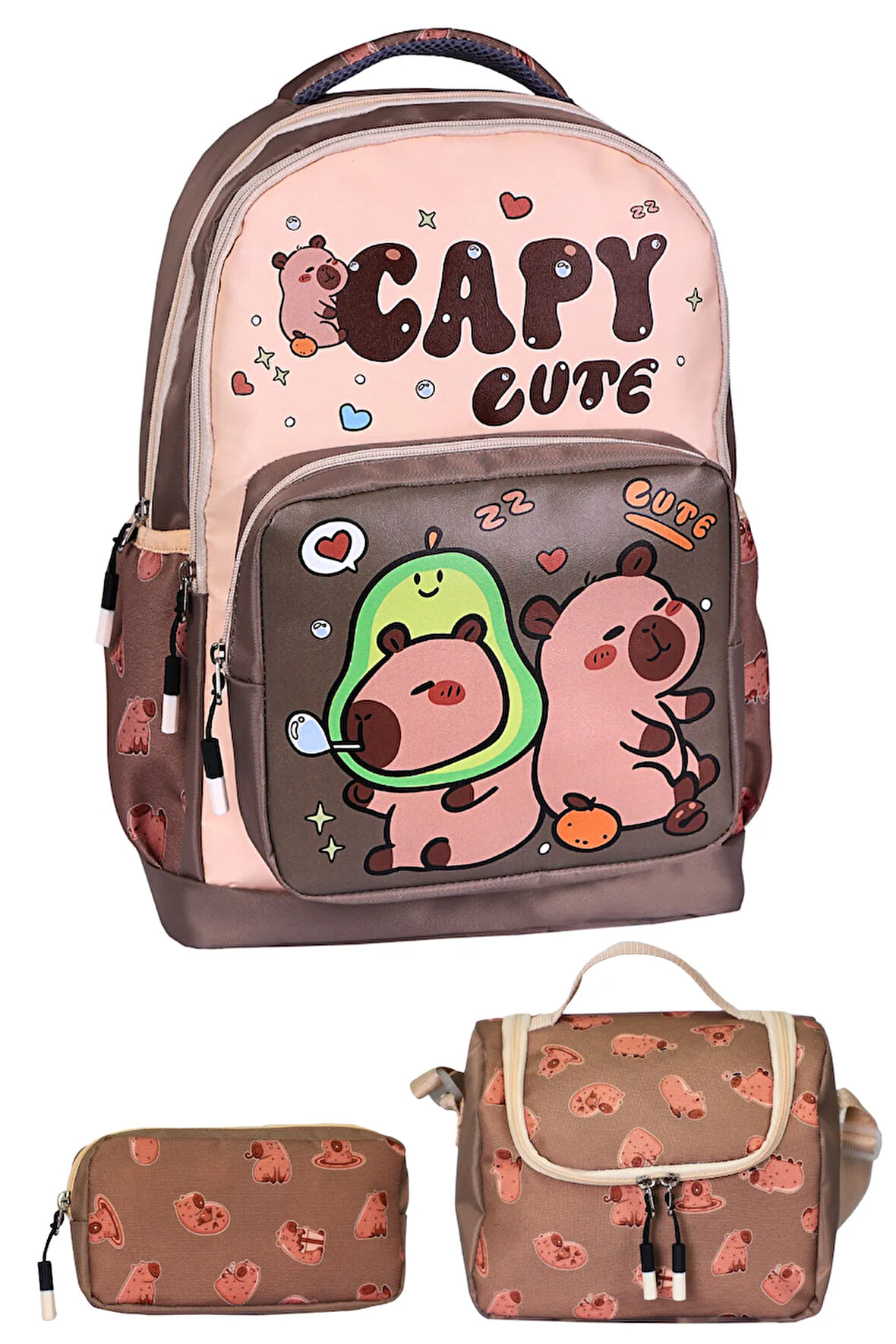 3’Lü İlkokul Capy Cute Baskılı, Erkek Çocuk Beslenmeli Ve Kalemlikli Okul Çantası