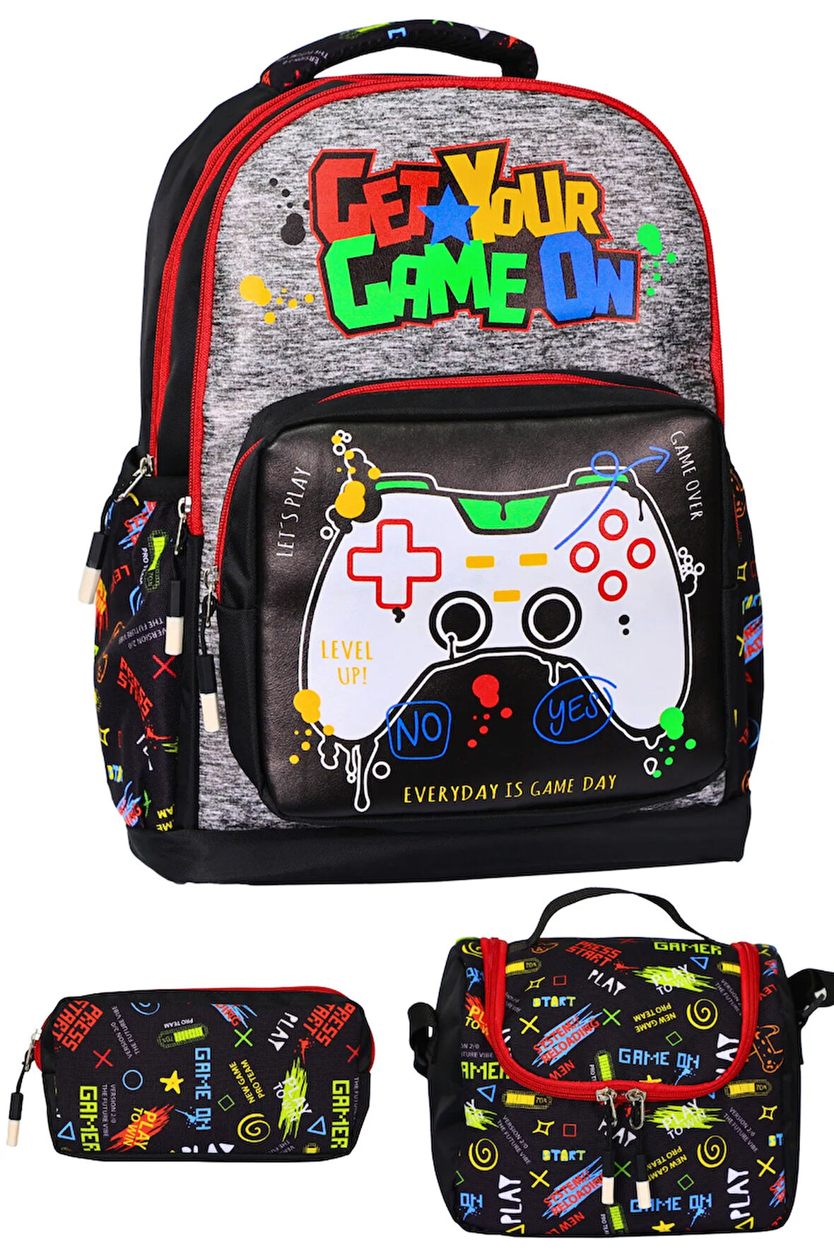 3’Lü İlkokul Gamer Baskılı, Erkek Çocuk Beslenmeli Ve Kalemlikli Okul Çantası