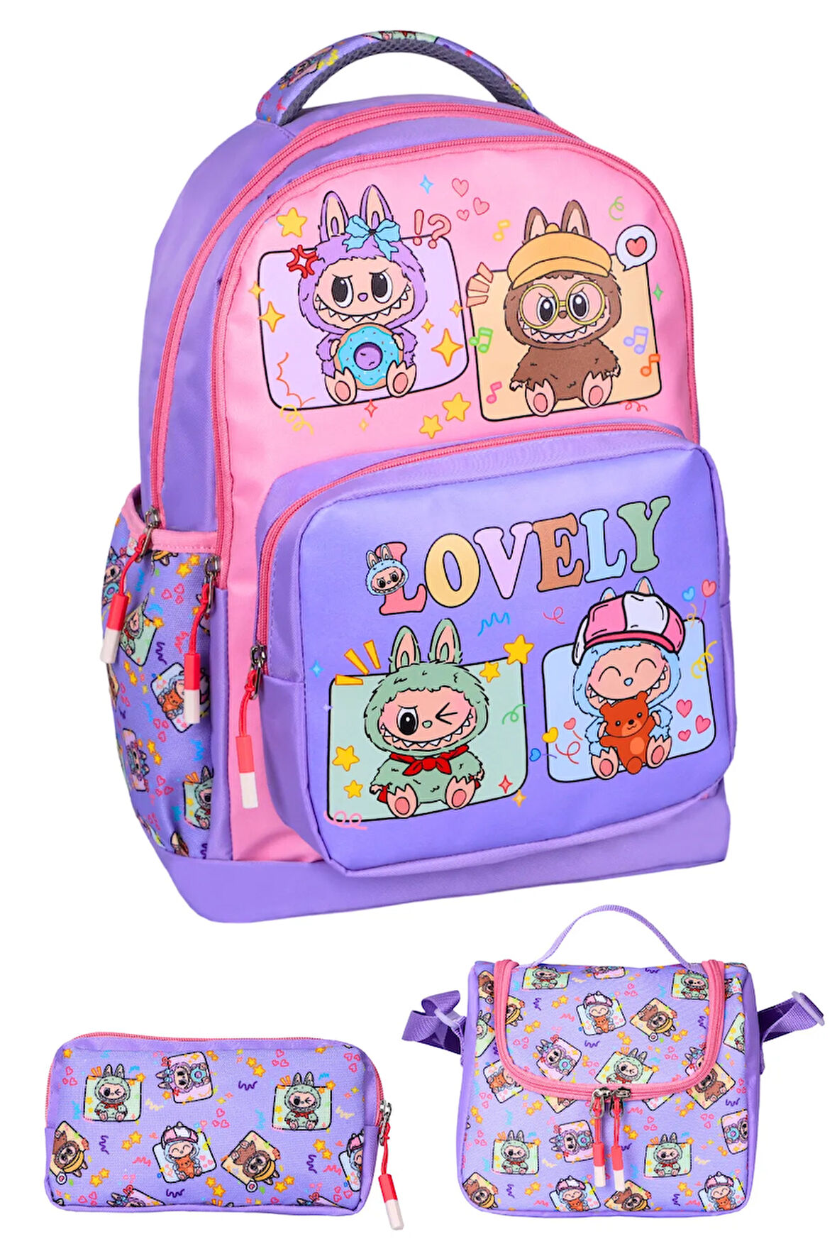 3’Lü İlkokul Labubu Baskılı Lila, Kız Çocuk Beslenmeli Ve Kalemlikli Okul Çantası