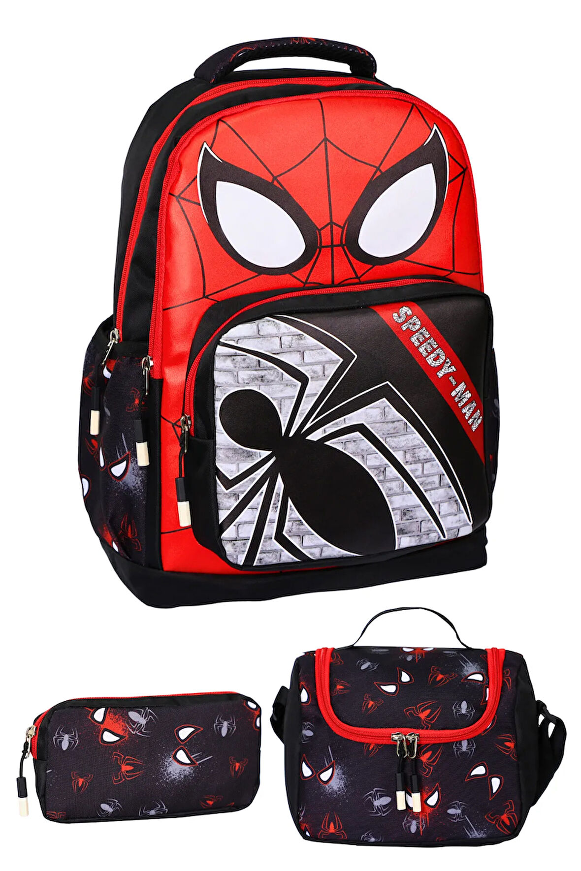 3’Lü İlkokul Örümcek Adam Baskılı, Erkek Çocuk Beslenmeli Ve Kalemlikli Okul Çantası