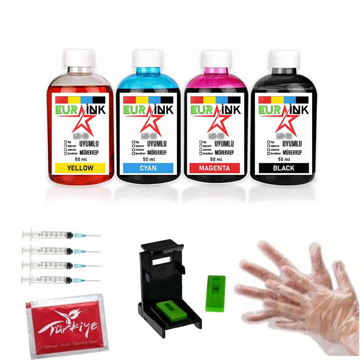 Canon MX375 için Eurink Siyah ve renkli kartuş 50ml x 4 dolum seti