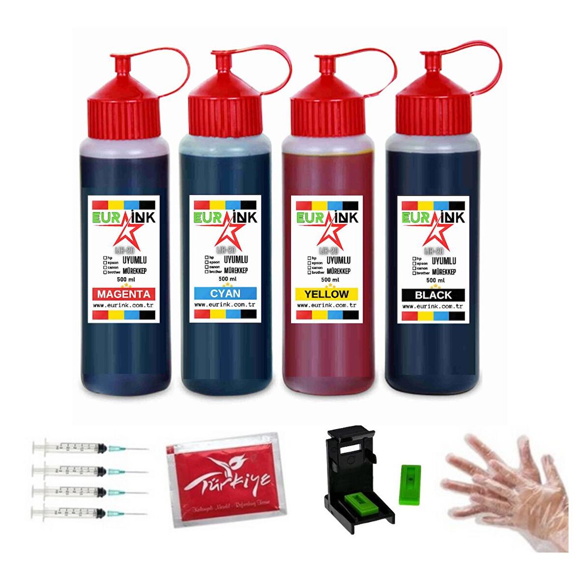 Canon E3140 için Eurink Siyah ve renkli kartuş 500ml x 4 dolum seti