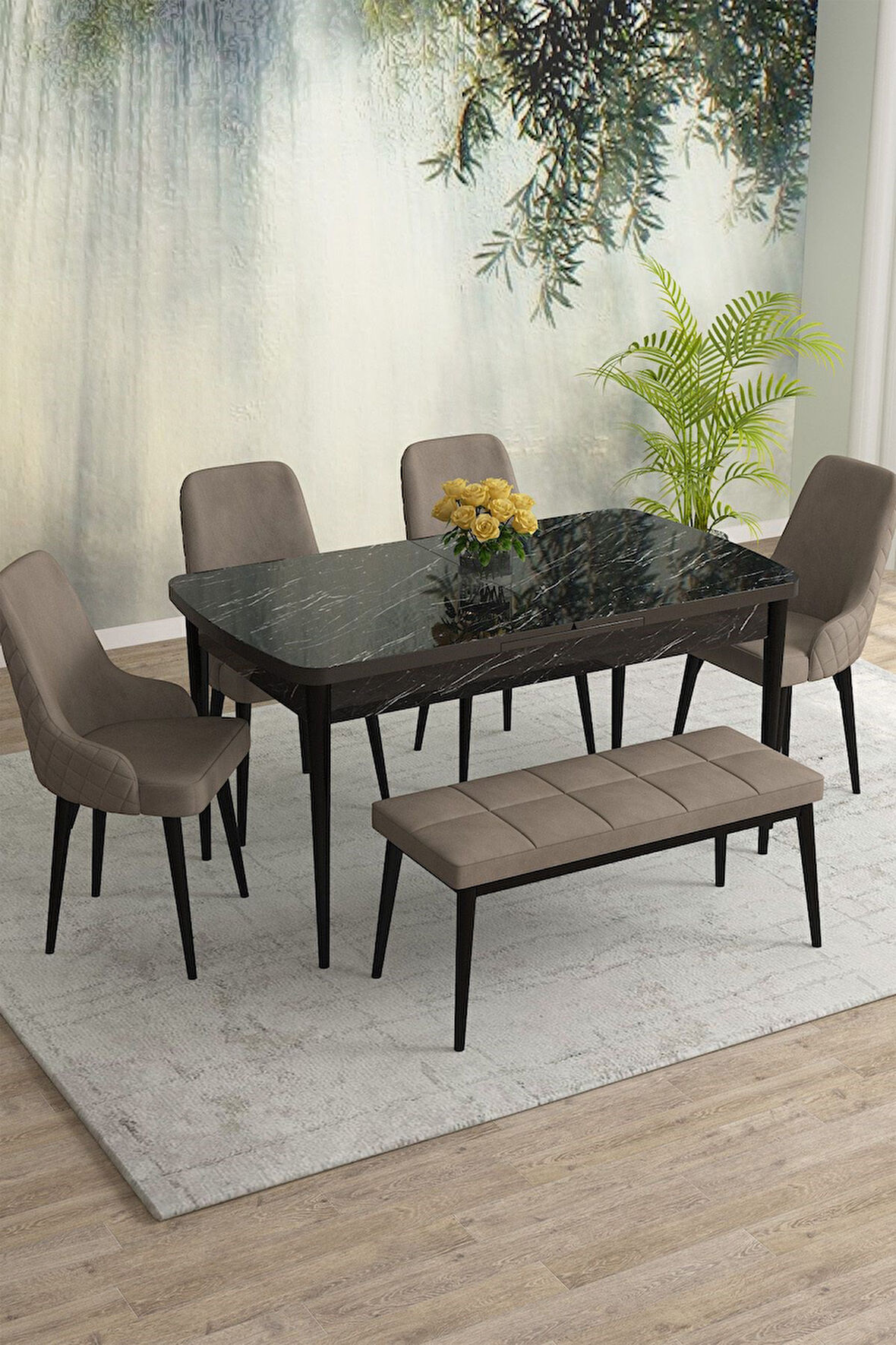 Meri Siyah Mermer 80x132 Açılabilir Mdf Masa Yemek Odası Takımı,Mutfak Masa Takımı 4 Sandalye 1Bench