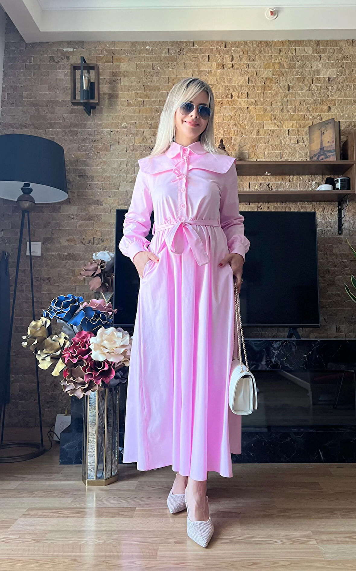 Kadın Fiyonk Detaylı Poplin Tesettür Uyumlu Bağlamalı Elbise