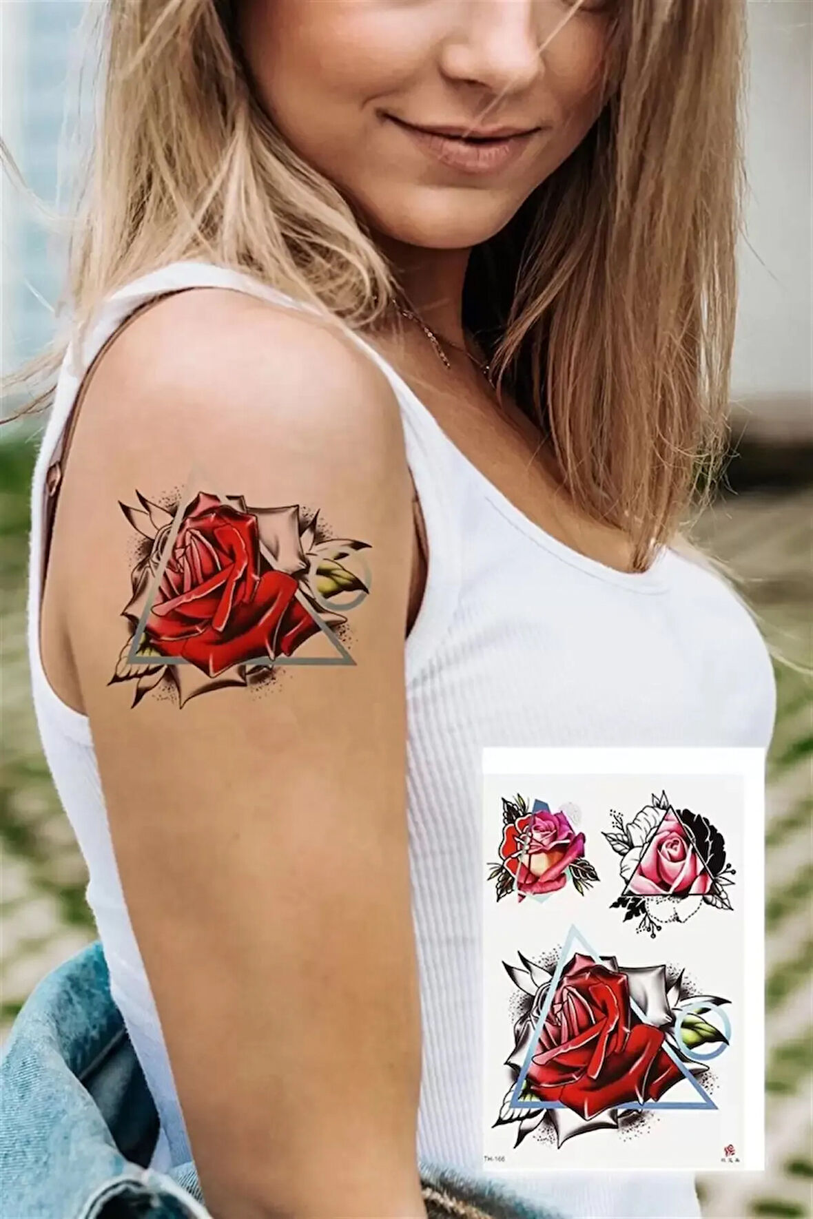 Caş Dekorasyon Üçgen Gül Geçici Dövme Tattoo