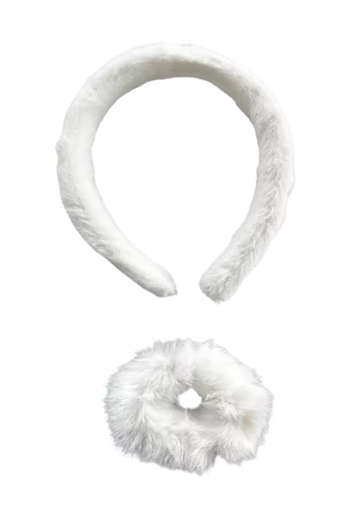 Caş Dekorasyon Beyaz Renk Peluş Taç Ve Simit Toka Set