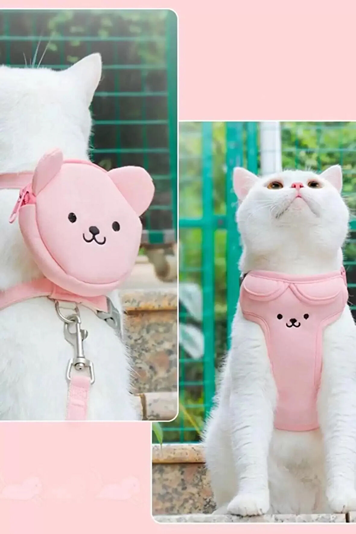 Caş Dekorasyon Pembe Renk Ayıcık Figürlü Çantalı Bel Göğüs Ayarlanabilir Kedi/Köpek Tasma