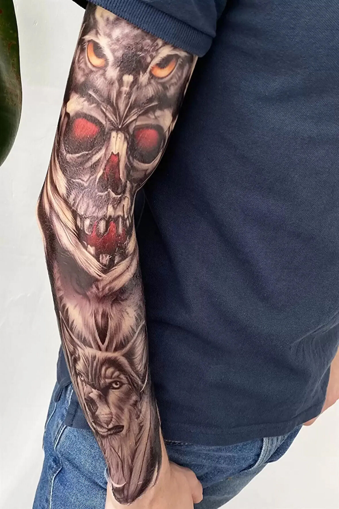 Caş Dekorasyon Kurukafa ve Baykuş Modelli Kol Dövme Tattoo