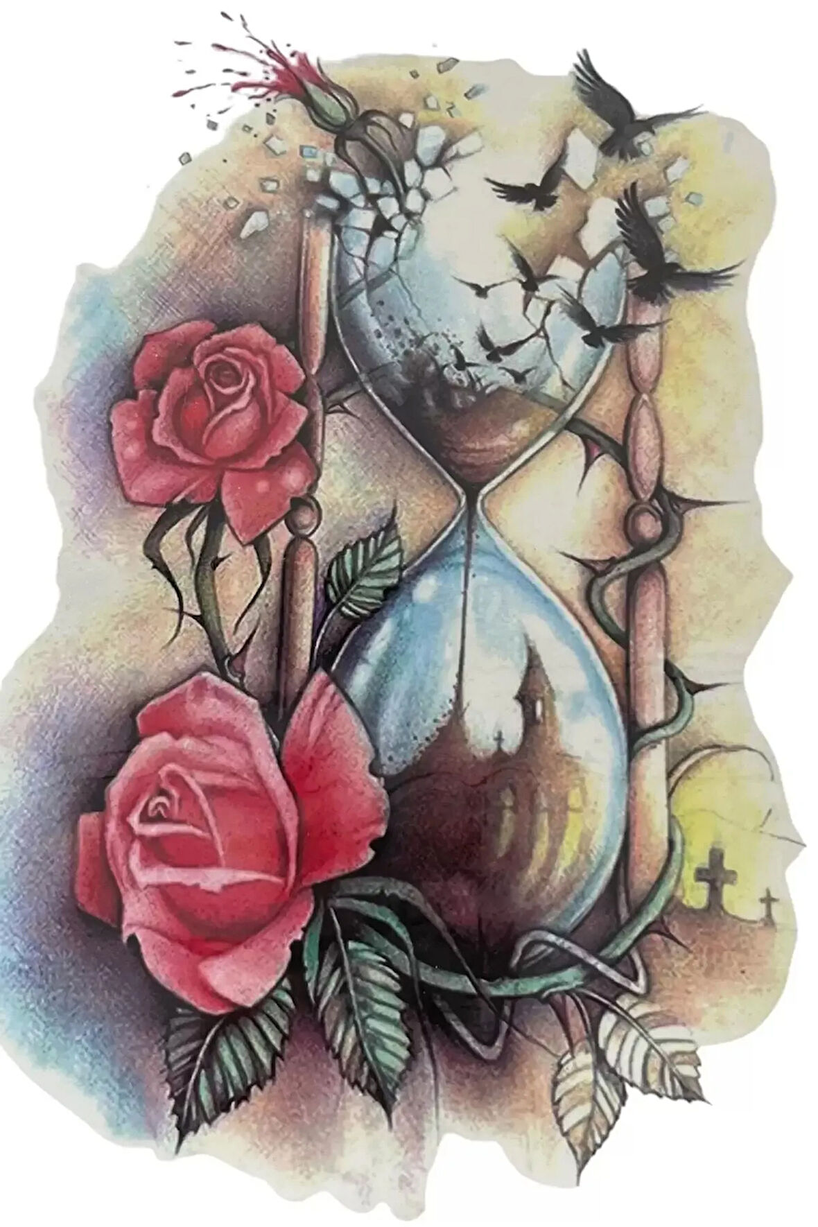 Caş Dekorasyon Kum Saati Ve Çiçek Figürlü Geçici Dövme Tattoo
