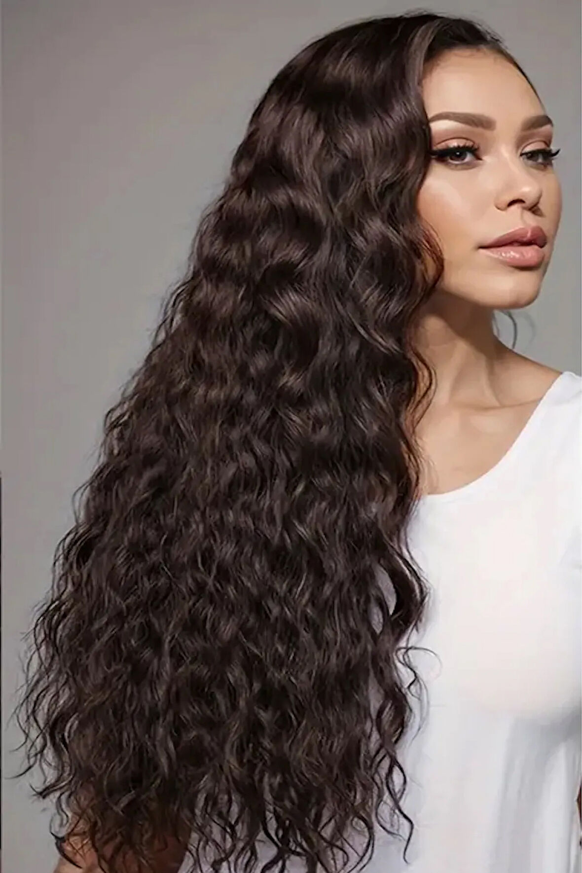 Caş Dekorasyon Isıya Dayanıklı Yıkanabilir Yarımay ÇıtÇıt Saç 4#Kahverengi-Dalgalı-60Cm-110 Gr+2 Adet YanÇıtÇıtSaç
