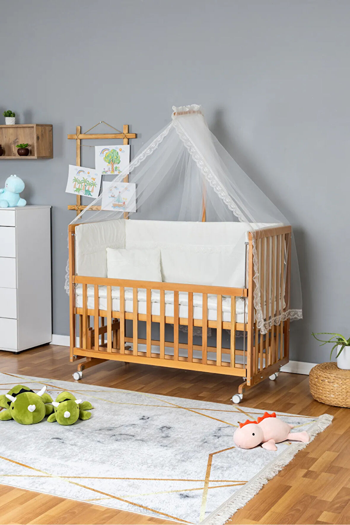 Ahşap Beşik Anne Yanı Yeni Doğan Asya Organik Bebek Beşiği KREM GÜPÜR UYKU SETLİ + TEKERLEKLİ