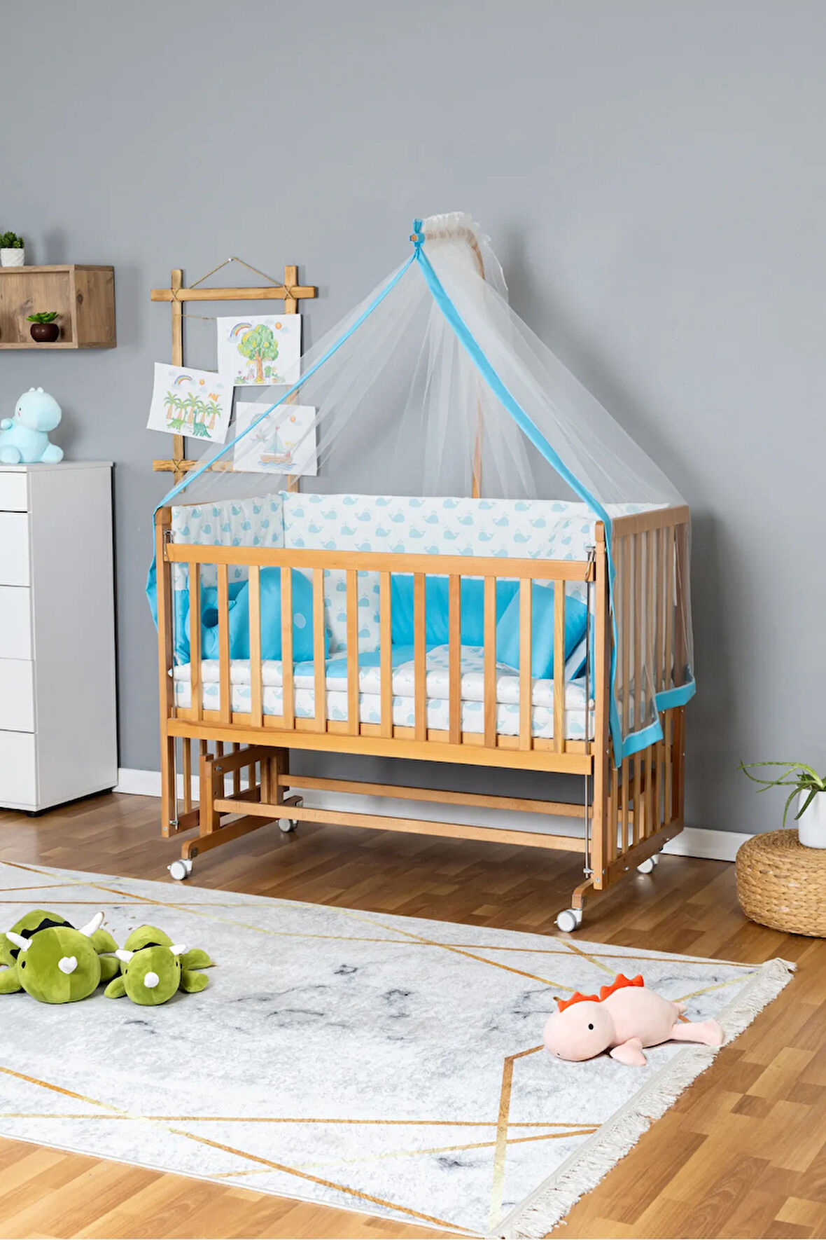 Ahşap Beşik Anne Yanı Yeni Doğan Asya Organik Bebek Beşiği MAVİ BALİNA UYKU SETLİ + TEKERLEKLİ