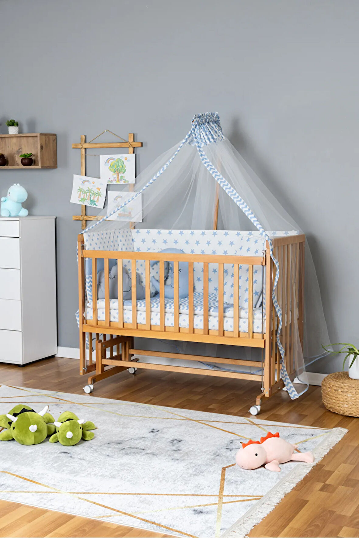 Ahşap Beşik Anne Yanı Yeni Doğan Asya Organik Bebek Beşiği MAVİ YILDIZ UYKU SETLİ + TEKERLEKLİ
